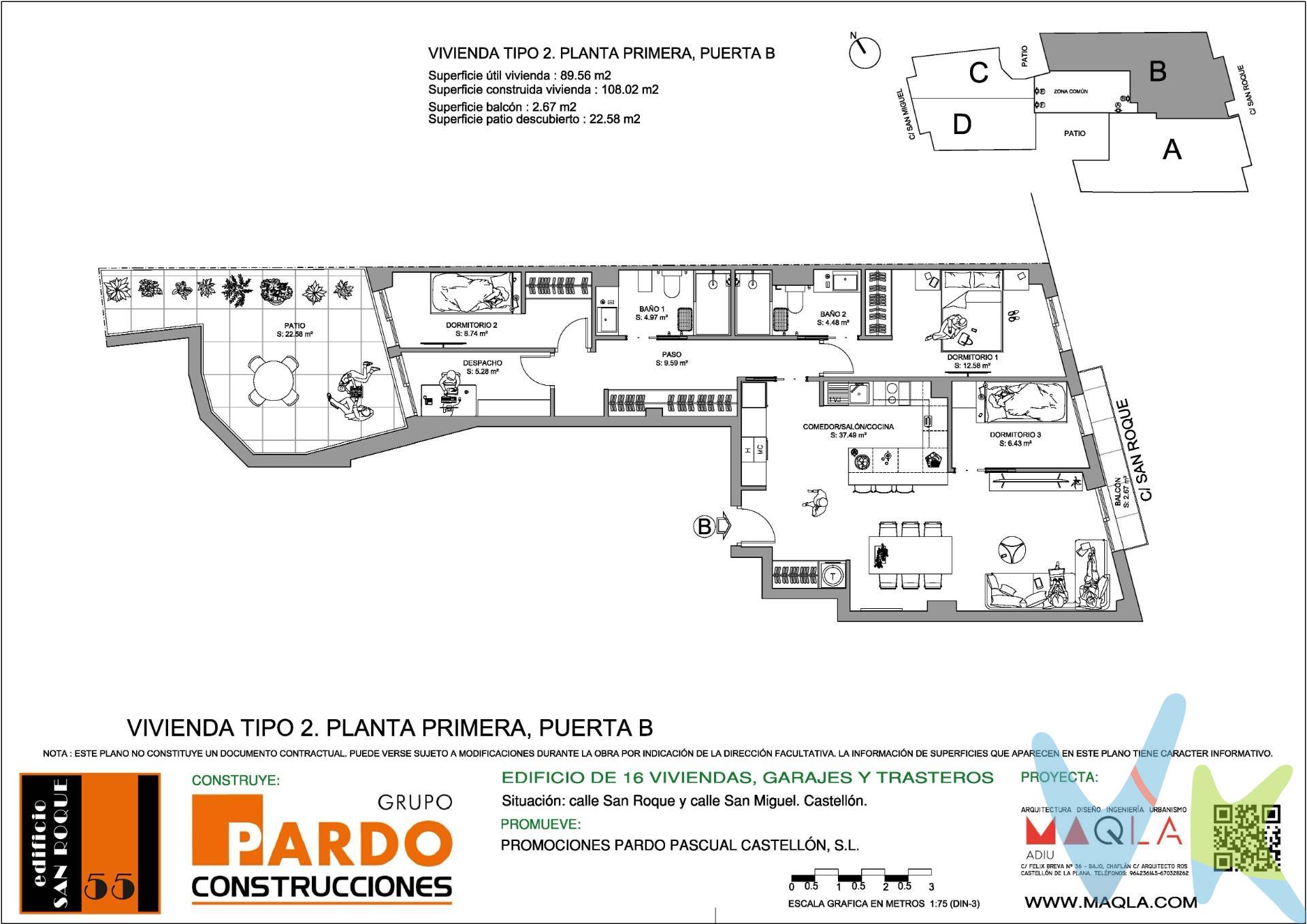 La promoción Edificio san Roque es un edificio plurifamiliar . El edificio se situa en Castellón teniendo fachada tanto en la C /San Roque nº 55, en un entorno consolidado en Castellón, con todos los servicios urbanos cerca, como colegios, hospitales , supermercados, etc. El edificio está ubicado a 5 min caminando del centro de la ciudad. El edificio dispone de viviendas de una,dos, tres y cuatro habitaciones con dos baños. Cada vivienda cuenta con amplias terrazas, una plaza de garaje y un trastero por vivienda. En cuanto a las divisiones entre habitaciones, se ha optado por un sistema de tabiquería de placa de yeso laminado de 15 mm de espesor que aseguran un perfecto acabado en toda su superficie, con aislamiento acústico entre los tabiques interiores y estructura portante de acero galvanizado. El pavimento y revestimiento de cocina y baños de todas las viviendas serán de azulejo porcelánico de primera calidad .Las paredes del baño y cocina irán revestidas hasta el techo en material cerámico de primera calidad . Ventanas, balconeras, fijos y puertas de salida a la terraza y/o balcón de aluminio lacado en color con rotura de puente térmico. Vidrio tipo Doble CLIMALIT, vidrio incoloro bajo emisivo. Que garantiza el aislamiento acústico de los ruidos procedentes de la calle y, mejorando también el aislamiento térmico con apertura de carpintería sistema corredero, apertura batiente y apertura oscilobatiente donde la medida lo requiera. Cocina totalmente amueblada, con un diseño actual de muebles altos y bajos . Los sanitarios son de la marca ROCA. La vivienda llevará la instalación completa de aire acondicionado (frio y caliente) en toda la casa excepto baños y cocina, mediante conductos. Los CONDUCTOS serán CLIMAVER PLUS de 25 mm de espesor o similar. Las viviendas irán provistas de CAJA FUERTE de tamaño mediano empotrada en obra. Cada vivienda lleva vinculada una plaza de garaje y un cuarto trastero. El ASCENSOR es de 6 personas, con puertas automáticas, dispositivo telefónico para caso de avería y cabinas decoradas. Los elementos comunes guardaran el estilo y personalidad del edificio cuidando especialmente el zaguán en dónde se emplearan materiales cerámicos de gran formato y diseño exclusivo, combinados con la cerrajería de la puerta de entrada, los revestimientos de los paramentos y demás elementos. En el zaguán se cuidará igualmente la iluminación, empleando para ello luces indirectas automatizadas de bajo consumo y con encendido progresivo que optimice además el consumo energético. El resto de zonas de paso, en especial en los distribuidores de planta, se emplearan downlights de led que estarán conectados a un sistema de encendido automático mediante detectores de presencia. En  la planta sexta se dispone de un pequeño espacio común destinado a TENDEDERO COMUNITARIO, con acceso directo desde el ascensor. El edificio, dispondrá de un sistema de DESCALCIFICADOR DE AGUA POTABLE COMUNITARIO. Por mandato expreso de la propiedad comercializamos este inmueble mediante contrato de exclusiva o multi-exclusiva, por el cual numerosas agencias colaboradoras,nacionales e internacionales,ofrecen esta vivienda a sus potenciales compradores, todo ello garantizando un servicio de calidad, un trato fácil, sencillo y sin interferencias de terceros. * Impuestos, gastos de compraventa y financiación no incluidos