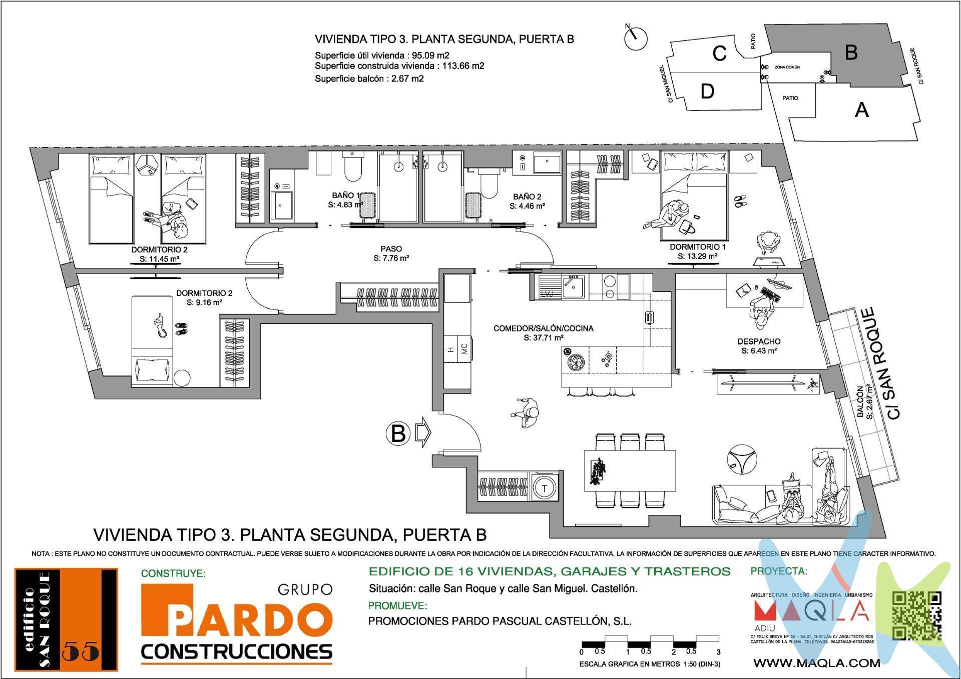 La promoción Edificio san Roque es un edificio plurifamiliar . El edificio se situa en Castellón teniendo fachada tanto en la C /San Roque nº 55, en un entorno consolidado en Castellón, con todos los servicios urbanos cerca, como colegios, hospitales , supermercados, etc. El edificio está ubicado a 5 min caminando del centro de la ciudad. El edificio dispone de viviendas de una,dos, tres y cuatro habitaciones con dos baños. Cada vivienda cuenta con amplias terrazas, una plaza de garaje y un trastero por vivienda. En cuanto a las divisiones entre habitaciones, se ha optado por un sistema de tabiquería de placa de yeso laminado de 15 mm de espesor que aseguran un perfecto acabado en toda su superficie, con aislamiento acústico entre los tabiques interiores y estructura portante de acero galvanizado. El pavimento y revestimiento de cocina y baños de todas las viviendas serán de azulejo porcelánico de primera calidad .Las paredes del baño y cocina irán revestidas hasta el techo en material cerámico de primera calidad . Ventanas, balconeras, fijos y puertas de salida a la terraza y/o balcón de aluminio lacado en color con rotura de puente térmico. Vidrio tipo Doble CLIMALIT, vidrio incoloro bajo emisivo. Que garantiza el aislamiento acústico de los ruidos procedentes de la calle y, mejorando también el aislamiento térmico con apertura de carpintería sistema corredero, apertura batiente y apertura oscilobatiente donde la medida lo requiera. Cocina totalmente amueblada, con un diseño actual de muebles altos y bajos . Los sanitarios son de la marca ROCA. La vivienda llevará la instalación completa de aire acondicionado (frio y caliente) en toda la casa excepto baños y cocina, mediante conductos. Los CONDUCTOS serán CLIMAVER PLUS de 25 mm de espesor o similar. Las viviendas irán provistas de CAJA FUERTE de tamaño mediano empotrada en obra. Cada vivienda lleva vinculada una plaza de garaje y un cuarto trastero. El ASCENSOR es de 6 personas, con puertas automáticas, dispositivo telefónico para caso de avería y cabinas decoradas. Los elementos comunes guardaran el estilo y personalidad del edificio cuidando especialmente el zaguán en dónde se emplearan materiales cerámicos de gran formato y diseño exclusivo, combinados con la cerrajería de la puerta de entrada, los revestimientos de los paramentos y demás elementos. En el zaguán se cuidará igualmente la iluminación, empleando para ello luces indirectas automatizadas de bajo consumo y con encendido progresivo que optimice además el consumo energético. El resto de zonas de paso, en especial en los distribuidores de planta, se emplearan downlights de led que estarán conectados a un sistema de encendido automático mediante detectores de presencia. En  la planta sexta se dispone de un pequeño espacio común destinado a TENDEDERO COMUNITARIO, con acceso directo desde el ascensor. El edificio, dispondrá de un sistema de DESCALCIFICADOR DE AGUA POTABLE COMUNITARIO. Por mandato expreso de la propiedad comercializamos este inmueble mediante contrato de exclusiva o multi-exclusiva, por el cual numerosas agencias colaboradoras,nacionales e internacionales,ofrecen esta vivienda a sus potenciales compradores, todo ello garantizando un servicio de calidad, un trato fácil, sencillo y sin interferencias de terceros. * Impuestos, gastos de compraventa y financiación no incluidos