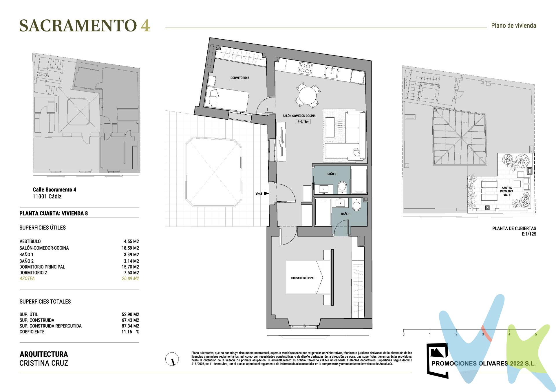 Sumérjase en la esencia de la vida gaditana con Sacramento 4, una promoción que redefine la exclusividad en el centro histórico de Cádiz. A escasos metros de la vibrante Plaza Candelaria, este proyecto le ofrece la oportunidad única de vivir en un enclave privilegiado, rodeado de la vida que ansía: comercios locales, cafeterías con encanto, restaurantes exquisitos, supermercados, farmacias y todos los servicios de proximidad. Imagine paseos entre calles centenarias, con la majestuosa Catedral, el bullicioso Mercado Central y la pintoresca Plaza de las Flores a pocos minutos a pie, y la icónica playa de La Caleta a un agradable paseo. Esta promoción se compone de 9 exclusivas viviendas, todas exteriores, diseñadas para maximizar la luz natural y el confort. Dos de estas viviendas residenciales ofrecen un valor añadido inigualable: una terraza privativa en azotea, un espacio íntimo donde el sol de Cádiz será su compañero constante. El edificio, de un marcado carácter histórico, ha sido objeto de una rehabilitación integral, donde se ha respetado escrupulosamente su esencia original, fusionándola con acabados modernos y de alta calidad. Las viviendas se entregan bajo un concepto “llave en mano”, totalmente terminadas y listas para entrar a vivir, garantizando desde el primer día un confort excepcional, estilo y practicidad. Detalles de Calidad y Confort que Marcan la Diferencia:. • Cocina: Amueblada y equipada para su comodidad. • Baños: Completos, con mobiliario suspendido, plato de ducha y grifería monomando cromada. • Climatización Eficiente: Sistema multisplit de la prestigiosa marca Hitachi (frío/calor) mediante bomba de calor en dormitorios y salón. • Luz y Ventilación Natural: Un diseño pensado para aprovechar al máximo la ventilación y luminosidad de cada espacio. • Carpintería Exterior: Fabricada en madera de pino lacado blanco con perfil europeo, dotada de doble vidrio tipo Climalit, que asegura un aislamiento térmico y acústico superior, garantizando un oasis de tranquilidad en su hogar. • Suelos Distinguidos: Elegante gres porcelánico de gran formato en tonos gris cementoso en el interior de las viviendas, con aislamiento acústico anti-impacto para una mayor tranquilidad. En la galería, un cautivador gres porcelánico imitación hidráulico. • Seguridad y Estilo Interior: Puerta de entrada blindada con cerradura de seguridad y puertas de paso interiores lacadas en blanco con cuarterones y herrajes mate. Espacios Comunes que Inspiran:. El edificio cuenta con un ascensor accesible que llega a todas las plantas, incluida la espectacular azotea comunitaria. Las zonas comunes, cuidadosamente diseñadas, presentan un elegante pavimento de mármol en damero en planta baja y gres porcelánico de primera calidad en escaleras y el resto de plantas. La iluminación LED con sensores de movimiento añade un toque de seguridad y eficiencia energética, mientras que el imponente portón de entrada de madera de Iroko le da la bienvenida a su exclusivo hogar. Un hogar con historia, carácter y todas las comodidades modernas, en una de las ubicaciones más codiciadas de Cádiz. ¡No pierda la oportunidad de vivir la vida que siempre soñó en Sacramento 4!. ¡Contáctenos hoy mismo para obtener más detalles sobre esta exclusiva promoción y concertar una visita!. * Impuestos, honorarios y gastos de compraventa no incluidos en el precio. Solicite información sin compromiso. 