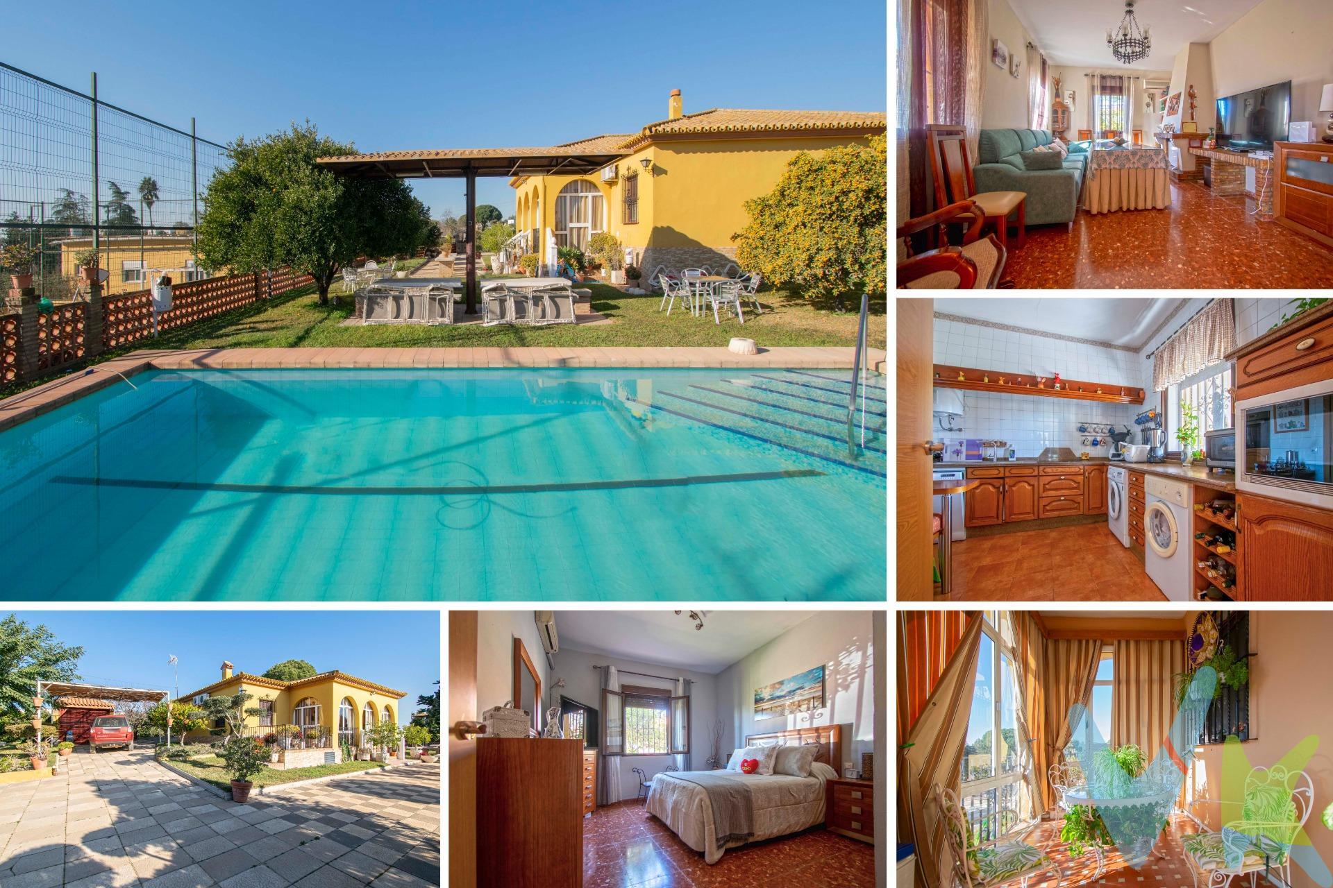 Vivienda en venta en Mairena del Alcor, Urbanización Los Olivos, a tan solo 35 km de la capital en coche. Chalet rústico de 220 m2 construidos y 4.000 m2 de parcela. Se compone de 4 dormitorios, 2 baños completos, cocina independiente amueblada y equipada, terraza de 20 m2, plaza de garaje, trastero, jardín y piscina privados y zona deportiva. . La vivienda cuenta con dos armarios empotrados, puertas de sapeli, suelos de terrazo (y de gres en la cocina), y 4 splits de aire acondicionado frío/calor. Todas las estancias se encuentran en una única planta, lo que facilita su accesibilidad a todas ellas. Además, cuenta con una nave de 90 m2 a modo de salón de ocio con aseo independiente, cocina y chimenea. Hogar perfecto para una gran familia. Llámenos sin compromiso para concertar una visita. Estaremos encantados de atenderle. SE VENDE SIN AMUEBLAR. Informamos a nuestros clientes que el precio de venta no incluye lo siguiente: Honorarios de la agencia inmobiliaria, Impuestos (I.T.P., I.V.A. o A.J.D., en su caso) ni otros gastos de la compraventa (gastos de Registro de la Propiedad, Notaría, Gestoría ni de posible Financiación). Documento F.I.S. a disposición del consumidor según Decreto 218/2005 Junta de Andalucía.