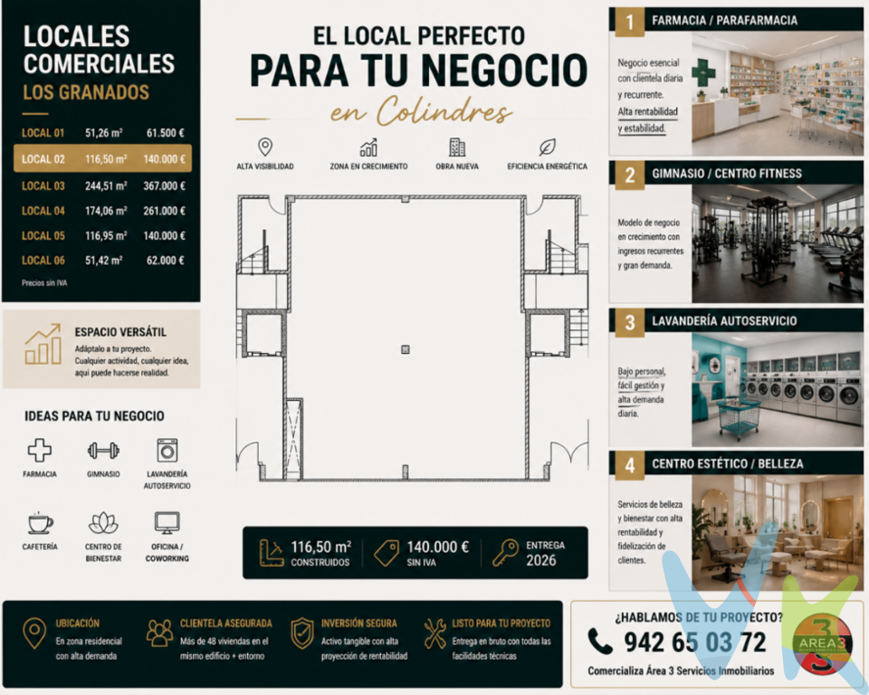 Disponible promoción de locales comerciales a pie de calle en Los Granados VII, una nueva urbanización en una zona residencial consolidada de Colindres, rodeada de viviendas y con gran potencial comercial.? Ubicados en una zona con mucha población residente, varios negocios ya en funcionamiento y un entorno ideal para desarrollar actividad profesional o comercial.Los locales destacan por: ? Fachada y visibilidad a pie de calle ? Fácil acceso y buena comunicación ? Zona con facilidad de aparcamiento ? Entorno soleado y agradable ? Ideal para comercio, oficinas, clínica, academia, estética, hostelería o despachos profesionalesUna excelente oportunidad para establecer tu negocio en una zona moderna, en crecimiento y con movimiento diario de vecinos y clientes potenciales.Cada vez hay menos locales bien ubicados y con buenas condiciones en Colindres. Si estás pensando en emprender o ampliar tu actividad, este puede ser el espacio que estabas buscando.