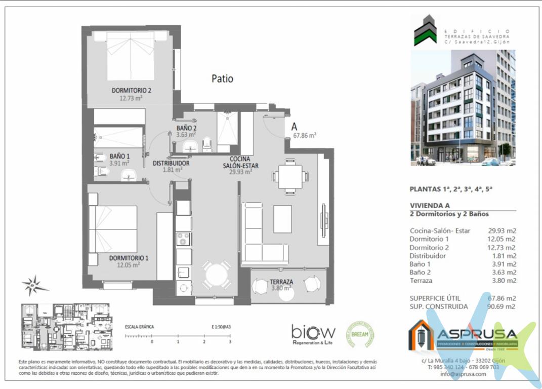 Mira este apartamento de dos dormitorios y dos baño. Con terraza. Estamos construyendo el EDIFICIO TERRAZAS DE SAAVEDRA: 13 extraordinarias viviendas con terraza y trasteros opcionales. Y Bajo Comercial con escaparate de 14 metros, en esquina. Edificio situado a tan solo 5 minutos del centro de Gijón y te ofrece:+ SALUD ¿Sabías que una iluminación natural adecuada reduce el riesgo de enfermedades como depresión, insomnio o estrés? Dotación en cada vivienda de una Unidad de Regeneración Celular y Descanso Biow, certificado por la Clínica Universitaria de Navarra.+ AHORRO. El diseño de la envolvente térmica del edificio, así como las instalaciones y aislamientos entre otros factores, permitirá importantes ahorros de entre un 50% y un 70% en calefacción frente a otros edificios construidos de obra nueva.+ EFICIENCIA: La elección de grifos de bajo consumo permitirá reducir hasta un 35% el consumo de agua. En una vivienda con tres ocupantes supone un ahorro anual de unos 50.000 litros de agua.+ ECOLOGÍA: Este edificio reducirá hasta un 30% las emisiones de CO2 respecto a un edificio convencional de similares características.Y además, en nuestro EDIFICIO TERRAZAS DE SAAVEDRA te encontrarás:·         Ventanas de pvc con triple vidrio.·         Calefacción centralizada con contadores individuales para cada vivienda y una caldera de Gas Natural para todo el edificio. Radiadores con válvulas termostáticas.·         Buzones inteligentes para recibir tus envíos on-line.·         Desfibrilador comunitario en el portal.·         Llave única amaestrada para tu vivienda, trastero, portal y buzón.·         Serán viviendas dotadas con equipo BIOW de regeneración celular, certificación BREEAM de Construcción Sostenible y Calificación Energética A.·         Entrega prevista para segundo semestre de 2023.En definitiva, en ASPRUSA te ofrecemos una vivienda con más vida y mejor vida para ti y los tuyos.No lo dudes, reserva tu cita en C La Muralla 4 para que te expliquemos cada detalle. 