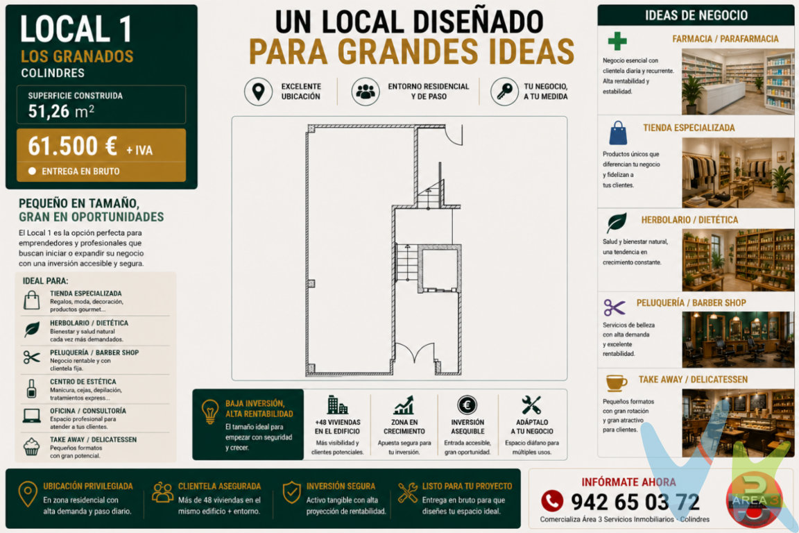 Disponible promoción de locales comerciales a pie de calle en Los Granados VII, una nueva urbanización en una zona residencial consolidada de Colindres, rodeada de viviendas y con gran potencial comercial.? Ubicados en una zona con mucha población residente, varios negocios ya en funcionamiento y un entorno ideal para desarrollar actividad profesional o comercial.Los locales destacan por: ? Fachada y visibilidad a pie de calle ? Fácil acceso y buena comunicación ? Zona con facilidad de aparcamiento ? Entorno soleado y agradable ? Ideal para comercio, oficinas, clínica, academia, estética, hostelería o despachos profesionalesUna excelente oportunidad para establecer tu negocio en una zona moderna, en crecimiento y con movimiento diario de vecinos y clientes potenciales.Cada vez hay menos locales bien ubicados y con buenas condiciones en Colindres. Si estás pensando en emprender o ampliar tu actividad, este puede ser el espacio que estabas buscando.