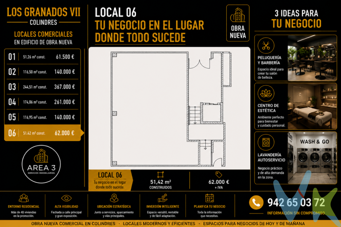 Disponible promoción de locales comerciales a pie de calle en Los Granados VII, una nueva urbanización en una zona residencial consolidada de Colindres, rodeada de viviendas y con gran potencial comercial.? Ubicados en una zona con mucha población residente, varios negocios ya en funcionamiento y un entorno ideal para desarrollar actividad profesional o comercial.Los locales destacan por: ? Fachada y visibilidad a pie de calle ? Fácil acceso y buena comunicación ? Zona con facilidad de aparcamiento ? Entorno soleado y agradable ? Ideal para comercio, oficinas, clínica, academia, estética, hostelería o despachos profesionalesUna excelente oportunidad para establecer tu negocio en una zona moderna, en crecimiento y con movimiento diario de vecinos y clientes potenciales.Cada vez hay menos locales bien ubicados y con buenas condiciones en Colindres. Si estás pensando en emprender o ampliar tu actividad, este puede ser el espacio que estabas buscando.