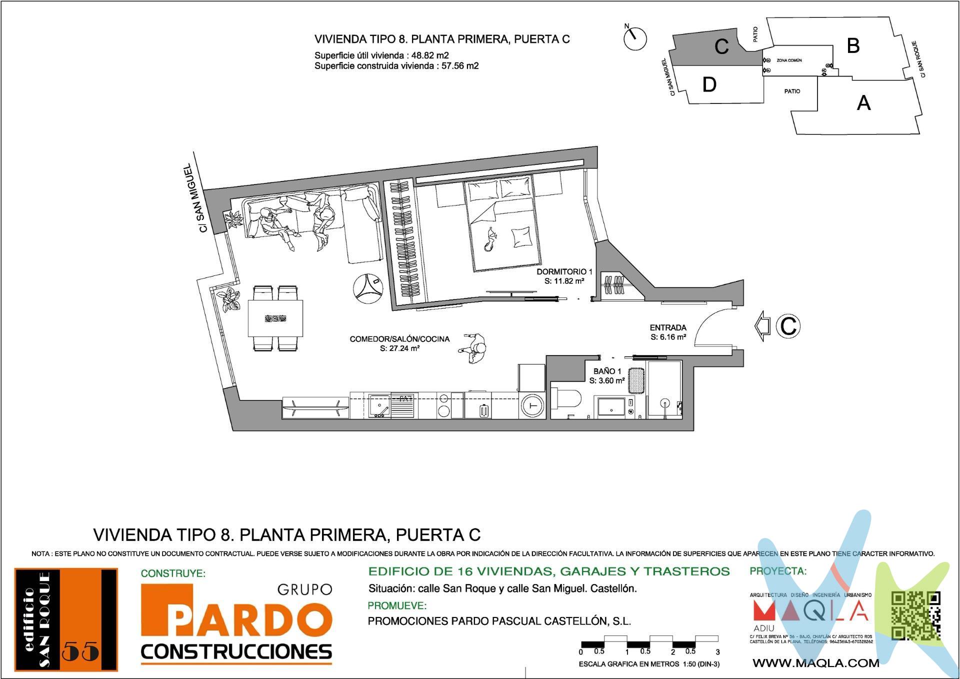 La promoción Edificio san Roque es un edificio plurifamiliar . El edificio se situa en Castellón teniendo fachada tanto en la C /San Roque nº 55, en un entorno consolidado en Castellón, con todos los servicios urbanos cerca, como colegios, hospitales , supermercados, etc. El edificio está ubicado a 5 min caminando del centro de la ciudad. El edificio dispone de viviendas de una,dos, tres y cuatro habitaciones con dos baños. Cada vivienda cuenta con amplias terrazas, una plaza de garaje y un trastero por vivienda. En cuanto a las divisiones entre habitaciones, se ha optado por un sistema de tabiquería de placa de yeso laminado de 15 mm de espesor que aseguran un perfecto acabado en toda su superficie, con aislamiento acústico entre los tabiques interiores y estructura portante de acero galvanizado. El pavimento y revestimiento de cocina y baños de todas las viviendas serán de azulejo porcelánico de primera calidad .Las paredes del baño y cocina irán revestidas hasta el techo en material cerámico de primera calidad . Ventanas, balconeras, fijos y puertas de salida a la terraza y/o balcón de aluminio lacado en color con rotura de puente térmico. Vidrio tipo Doble CLIMALIT, vidrio incoloro bajo emisivo. Que garantiza el aislamiento acústico de los ruidos procedentes de la calle y, mejorando también el aislamiento térmico con apertura de carpintería sistema corredero, apertura batiente y apertura oscilobatiente donde la medida lo requiera. Cocina totalmente amueblada, con un diseño actual de muebles altos y bajos . Los sanitarios son de la marca ROCA. La vivienda llevará la instalación completa de aire acondicionado (frio y caliente) en toda la casa excepto baños y cocina, mediante conductos. Los CONDUCTOS serán CLIMAVER PLUS de 25 mm de espesor o similar. Las viviendas irán provistas de CAJA FUERTE de tamaño mediano empotrada en obra. Cada vivienda lleva vinculada una plaza de garaje y un cuarto trastero. El ASCENSOR es de 6 personas, con puertas automáticas, dispositivo telefónico para caso de avería y cabinas decoradas. Los elementos comunes guardaran el estilo y personalidad del edificio cuidando especialmente el zaguán en dónde se emplearan materiales cerámicos de gran formato y diseño exclusivo, combinados con la cerrajería de la puerta de entrada, los revestimientos de los paramentos y demás elementos. En el zaguán se cuidará igualmente la iluminación, empleando para ello luces indirectas automatizadas de bajo consumo y con encendido progresivo que optimice además el consumo energético. El resto de zonas de paso, en especial en los distribuidores de planta, se emplearan downlights de led que estarán conectados a un sistema de encendido automático mediante detectores de presencia. En  la planta sexta se dispone de un pequeño espacio común destinado a TENDEDERO COMUNITARIO, con acceso directo desde el ascensor. El edificio, dispondrá de un sistema de DESCALCIFICADOR DE AGUA POTABLE COMUNITARIO. Por mandato expreso de la propiedad comercializamos este inmueble mediante contrato de exclusiva o multi-exclusiva, por el cual numerosas agencias colaboradoras,nacionales e internacionales,ofrecen esta vivienda a sus potenciales compradores, todo ello garantizando un servicio de calidad, un trato fácil, sencillo y sin interferencias de terceros. * Impuestos, gastos de compraventa y financiación no incluidos