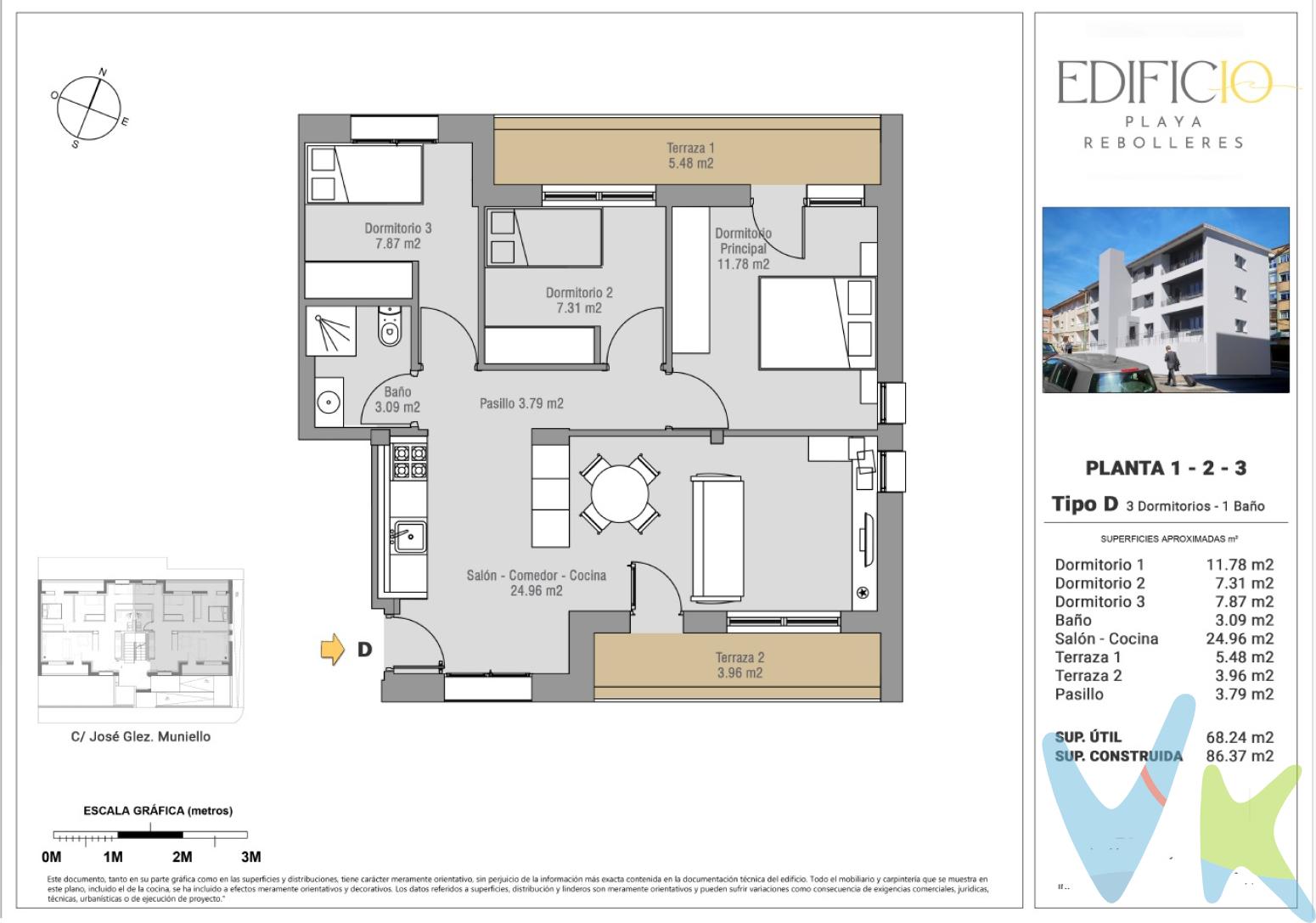 EDIFICIO PLAYA REBOLLERES  CANDÁS (ASTURIAS)   Elige tu vivienda junto al mar, en un entorno natural privilegiado. Apartamentos de un dormitorio y de tres dormitorios con dos terrazas.    A solo15 minutos de Gijón, 25 de Oviedo y 20 de Avilés y del Aeropuerto de Asturias.  Gastronomía marinera y tradicional de primer nivel.  Sendas costeras, naturaleza y tranquilidad a un paso del centro urbano.  Ideal para vivir todo el año o como segunda residencia junto al mar.  Viviendas modernas y confortables.     Candás y el entorno de Playa de Rebolleres:    Candás, capital del concejo de Carreño, es uno de los enclaves más emblemáticos de la costa central asturiana. Antiguo puerto ballenero y hoy villa marinera con un encanto especial, combina la autenticidad de su tradición pesquera con la modernidad y calidad de vida que buscan quienes desean vivir junto al mar. Su entorno, presidido por la Playa de Rebolleres, es un rincón privilegiado que ofrece tranquilidad, vistas espectaculares y la brisa marina como compañera diaria.    El entorno de la Playa de Rebolleres se distingue por su serenidad y belleza natural. Se trata de una zona residencial elevada, con vistas panorámicas sobre el Cantábrico y el puerto de Candás, rodeada de sendas peatonales y espacios verdes que invitan a pasear, hacer deporte o simplemente disfrutar del paisaje. Desde allí parten rutas como la Senda Norte, que conecta con otras playas y acantilados de la costa asturiana. A pesar de su tranquilidad, está a escasos minutos caminando del centro urbano, con todos los servicios esenciales: supermercados, colegios, centro de salud, comercios y una oferta gastronómica de primer nivel.    Candás disfruta de una ubicación estratégica que combina la calma de un pueblo costero con la cercanía a los principales núcleos urbanos de Asturias. Está a tan solo 15 minutos de Gijón, 25 de Oviedo y 20 de Avilés, además de encontrarse a menos de media hora del Aeropuerto de Asturias. Su red de comunicaciones, tanto por carretera como por tren, permite desplazamientos cómodos y rápidos a cualquier punto de la región.    La gastronomía de Candás es otro de sus grandes atractivos. Restaurantes y sidrerías ofrecen los mejores pescados y mariscos del Cantábrico, junto con la cocina tradicional asturiana, en un ambiente cercano, auténtico y acogedor. La villa cuenta con una intensa vida cultural, fiestas tradicionales y un vecindario amable, lo que hace de Candás un lugar perfecto tanto para residir todo el año como para disfrutar de largas estancias en un entorno saludable y con encanto.    Vivir en el entorno de la Playa de Rebolleres es apostar por la calidad de vida: mar, naturaleza, tranquilidad y una comunidad acogedora, sin renunciar a la cercanía a las principales ciudades y servicios de Asturias. Una oportunidad única para disfrutar del mar Cantábrico cada día desde una ubicación privilegiada.    Viviendas junto al mar, en un entorno natural privilegiado.  A solo15 minutos de Gijón, 25 de Oviedo y 20 de Avilés y del Aeropuerto de Asturias.  Gastronomía marinera y tradicional de primer nivel.  Sendas costeras, naturaleza y tranquilidad a un paso del centro urbano.  Ideal para vivir todo el año o como segunda residencia junto al mar.  Viviendas modernas y confortables.     Compromiso con la eficiencia y el confort    Nuestra conciencia y respeto hacia el medio ambiente nos impulsan a conseguir con este edificio, un menor impacto en los consumos energéticos.    Esto se consigue gracias al aislamiento térmico aplicado en el edificio, a la calidad técnica de las carpinterías exteriores y a sus vidrios aislantes, entre otros.    Un compromiso con nuestros clientes y el futuro, que se traduce en un edificio con un menor impacto en los consumos energéticos y en el que prima el bienestar y el confort de sus usuarios.