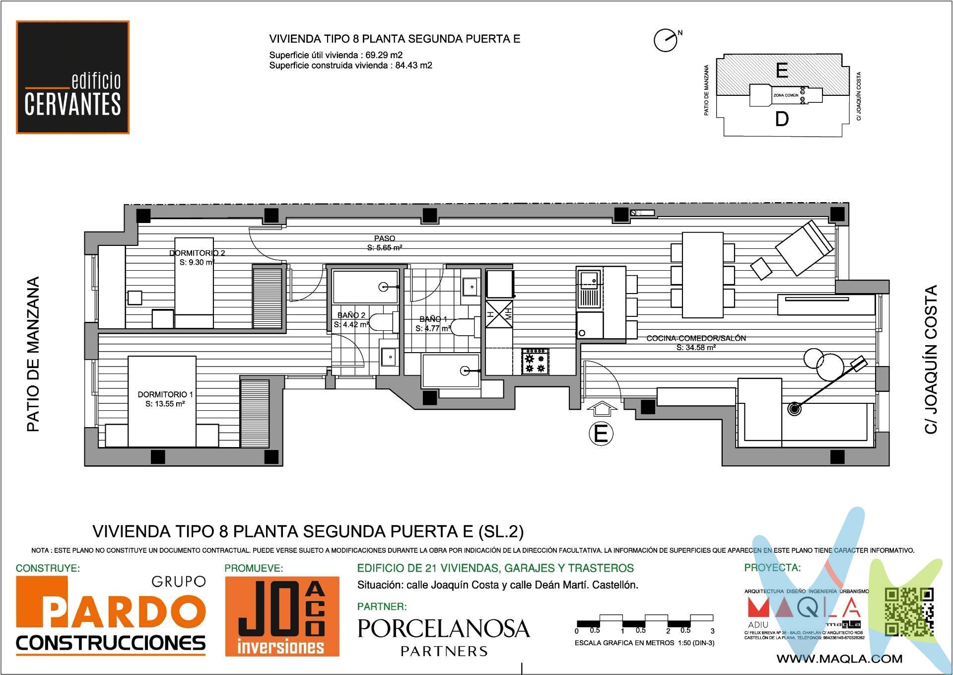 La promoción Edificio Cervantes es un edificio plurifamiliar . El edificio se situa en Castellón teniendo fachada tanto en la C / Joaquín  Costa nº 10 y la c/ Dean Marti nº 8, en un entorno consolidado en  Castellón, con todos los servicios urbanos cerca, como colegios, hospitales , supermercados, etc. El edificio está ubicado a 5 min caminando del centro de la ciudad. El edificio dispone de viviendas de dos, tres y cuatro habitaciones con dos baños. Cada vivienda cuenta con amplias terrazas, una plaza de garaje y un trastero por vivienda. En cuanto a las divisiones entre habitaciones, se ha optado por un sistema de tabiquería de placa de yeso laminado de 15 mm de espesor que aseguran un perfecto acabado en toda su superficie, con aislamiento acústico entre los tabiques interiores y estructura portante de acero galvanizado. El pavimento y revestimiento de cocina y baños de  todas las viviendas serán de azulejo porcelánico de primera calidad marca PORCELANOSA.Las paredes del baño y cocina irán revestidas hasta el techo en material cerámico de primera calidad marca PORCELANOSA. El pavimento general del resto de la vivienda será de PARKET LAMINADO AC5 de 1 LAMA de la casa PORCELANOSA, a elegir entre 5 modelos, sobre lámina anti impacto. Y el rodapié de toda la vivienda será en acabado blanco, a juego con la carpintería interior de la vivienda.Las escaleras de la vivienda tendrán un  acabado en Mármol Nacional y la  Barandilla de la misma será de hierro. Ventanas, balconeras, fijos y puertas de salida a la terraza y/o balcón de aluminio lacado en color con rotura de puente térmico. Vidrio tipo Doble CLIMALIT, vidrio incoloro bajo emisivo. Que garantiza el aislamiento acústico de los ruidos procedentes de la calle y, mejorando también el aislamiento térmico con apertura de carpintería sistema corredero, apertura batiente y apertura oscilobatiente donde la medida lo requiera. Cocina totalmente amueblada (muebles a medida), con un diseño actual de muebles altos y bajos de la marca GAMADECOR PORCELANOSA. Los sanitarios son de la marca NOKEN Porcelanosa. La vivienda llevará la instalación completa de aire acondicionado (frio y caliente) en toda la casa excepto baños y cocina, mediante conductos. Los CONDUCTOS serán CLIMAVER PLUS de 25 mm de espesor o similar. Las viviendas irán provistas de CAJA FUERTE de tamaño mediano empotrada en obra. Cada vivienda lleva vinculada una plaza de garaje y un cuarto trastero. El ASCENSOR es de 6 personas, con puertas automáticas, dispositivo telefónico para caso de avería y cabinas decoradas. Los elementos comunes guardaran el estilo y personalidad del edificio cuidando especialmente el zaguán en dónde se emplearan materiales cerámicos de gran formato y diseño exclusivo, combinados con la cerrajería de la puerta de entrada, los revestimientos de los paramentos y demás elementos. En el zaguán se cuidará igualmente la iluminación, empleando para ello luces indirectas automatizadas de bajo consumo y con encendido progresivo que optimice además el consumo energético. El resto de zonas de paso, en especial en los distribuidores de planta, se emplearan downlights de led que estarán conectados a un sistema de encendido automático mediante detectores de presencia. En cada una de las escaleras se dispone en la última planta de un espacio común destinado a TENDEDERO COMUNITARIO, con acceso directo desde el ascensor. Cada edificio, dispondrá de un sistema de DESCALCIFICADOR DE AGUA POTABLE COMUNITARIO. Por mandato expreso de la propiedad comercializamos este inmueble mediante contrato de exclusiva o multi-exclusiva, por el cual numerosas agencias colaboradoras,nacionales e internacionales,ofrecen esta vivienda a sus potenciales compradores, todo ello garantizando un servicio de calidad, un trato fácil, sencillo y sin interferencias de terceros. * Impuestos, gastos de compraventa y financiación no incluidos