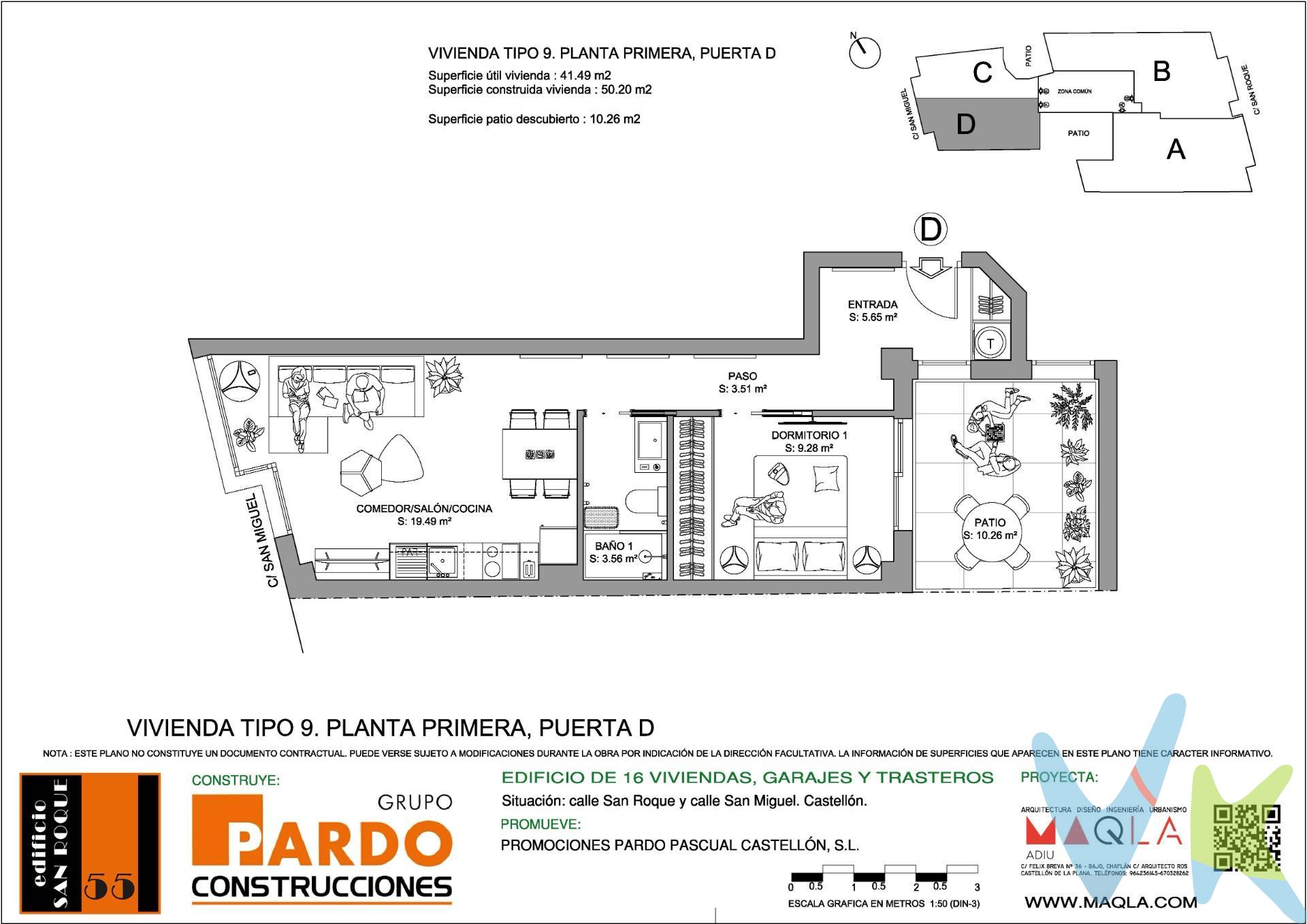 La promoción Edificio san Roque es un edificio plurifamiliar . El edificio se situa en Castellón teniendo fachada tanto en la C /San Roque nº 55, en un entorno consolidado en Castellón, con todos los servicios urbanos cerca, como colegios, hospitales , supermercados, etc. El edificio está ubicado a 5 min caminando del centro de la ciudad. El edificio dispone de viviendas de una,dos, tres y cuatro habitaciones con dos baños. Cada vivienda cuenta con amplias terrazas, una plaza de garaje y un trastero por vivienda. En cuanto a las divisiones entre habitaciones, se ha optado por un sistema de tabiquería de placa de yeso laminado de 15 mm de espesor que aseguran un perfecto acabado en toda su superficie, con aislamiento acústico entre los tabiques interiores y estructura portante de acero galvanizado. El pavimento y revestimiento de cocina y baños de todas las viviendas serán de azulejo porcelánico de primera calidad .Las paredes del baño y cocina irán revestidas hasta el techo en material cerámico de primera calidad . Ventanas, balconeras, fijos y puertas de salida a la terraza y/o balcón de aluminio lacado en color con rotura de puente térmico. Vidrio tipo Doble CLIMALIT, vidrio incoloro bajo emisivo. Que garantiza el aislamiento acústico de los ruidos procedentes de la calle y, mejorando también el aislamiento térmico con apertura de carpintería sistema corredero, apertura batiente y apertura oscilobatiente donde la medida lo requiera. Cocina totalmente amueblada, con un diseño actual de muebles altos y bajos . Los sanitarios son de la marca ROCA. La vivienda llevará la instalación completa de aire acondicionado (frio y caliente) en toda la casa excepto baños y cocina, mediante conductos. Los CONDUCTOS serán CLIMAVER PLUS de 25 mm de espesor o similar. Las viviendas irán provistas de CAJA FUERTE de tamaño mediano empotrada en obra. Cada vivienda lleva vinculada una plaza de garaje y un cuarto trastero. El ASCENSOR es de 6 personas, con puertas automáticas, dispositivo telefónico para caso de avería y cabinas decoradas. Los elementos comunes guardaran el estilo y personalidad del edificio cuidando especialmente el zaguán en dónde se emplearan materiales cerámicos de gran formato y diseño exclusivo, combinados con la cerrajería de la puerta de entrada, los revestimientos de los paramentos y demás elementos. En el zaguán se cuidará igualmente la iluminación, empleando para ello luces indirectas automatizadas de bajo consumo y con encendido progresivo que optimice además el consumo energético. El resto de zonas de paso, en especial en los distribuidores de planta, se emplearan downlights de led que estarán conectados a un sistema de encendido automático mediante detectores de presencia. En  la planta sexta se dispone de un pequeño espacio común destinado a TENDEDERO COMUNITARIO, con acceso directo desde el ascensor. El edificio, dispondrá de un sistema de DESCALCIFICADOR DE AGUA POTABLE COMUNITARIO. Por mandato expreso de la propiedad comercializamos este inmueble mediante contrato de exclusiva o multi-exclusiva, por el cual numerosas agencias colaboradoras,nacionales e internacionales,ofrecen esta vivienda a sus potenciales compradores, todo ello garantizando un servicio de calidad, un trato fácil, sencillo y sin interferencias de terceros. * Impuestos, gastos de compraventa y financiación no incluidos