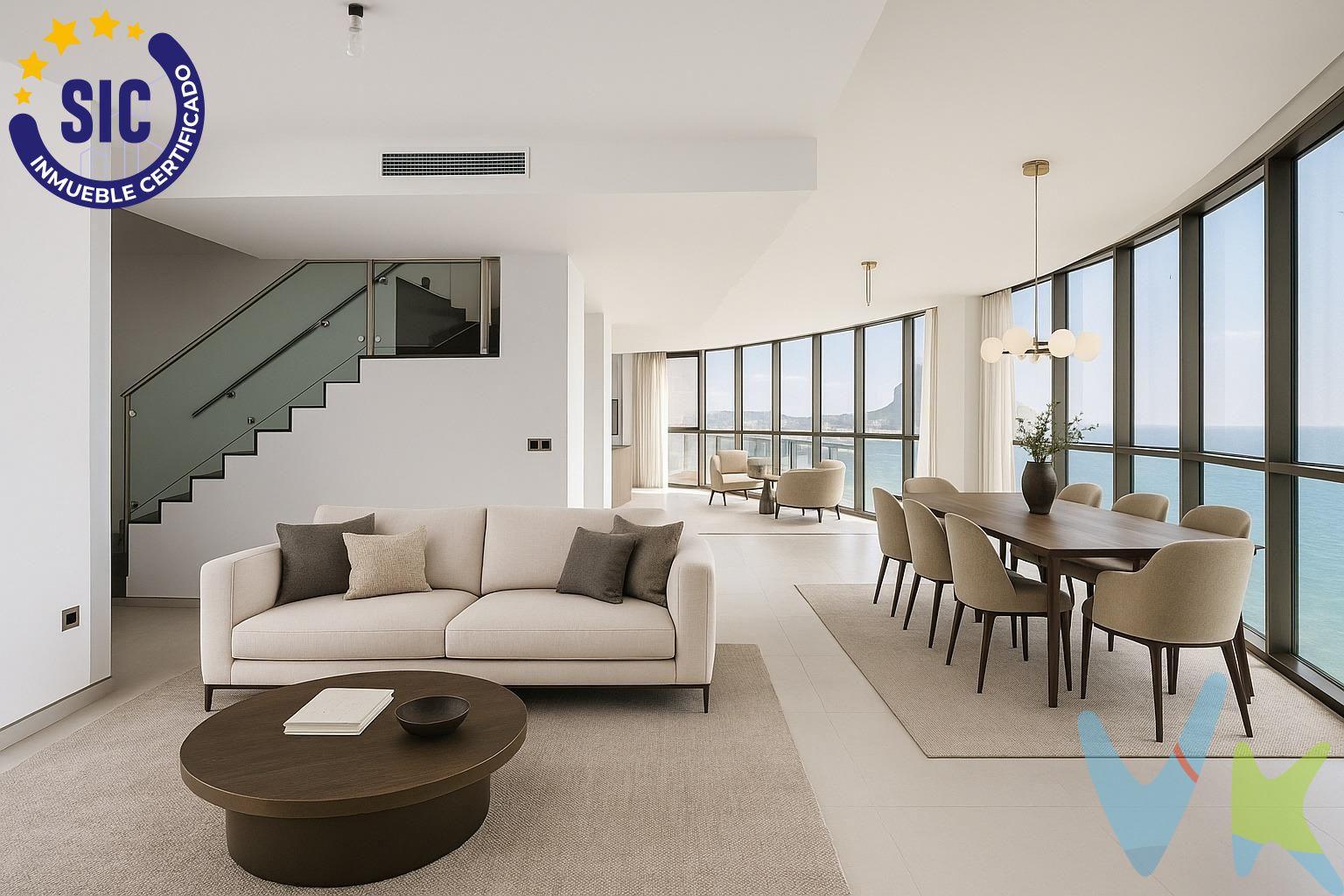 Te presentamos un ático dúplex exclusivo, a estrenar, que ocupa por completo las plantas 17 y 18 del moderno edificio Vistabella en primera línea de la Playa del Arenal. Un auténtico mirador de 360º sobre la bahía de Calpe, donde el mar, el sol y la luz son los protagonistas de cada día. Imagínate despertando con el azul del mar fundiéndose con el cielo. Cinco terrazas (cuatro frontales al mar y una trasera) te ofrecen postales únicas al amanecer y al atardecer. Desde cada rincón de esta vivienda, el paisaje te envuelve y te conecta con la inmensidad del Mediterráneo. Escucha el rumor de las olas desde tu propia cama, siente la brisa marina y déjate llevar por el susurro del viento que atraviesa los ventanales de esta vivienda abierta al mar. Aquí, el silencio solo lo interrumpe el sonido natural del entorno. Disfruta de la sensación de estrenar un hogar diseñado para el bienestar, con estancias amplias, luminosas y cómodas. Sube por la escalera interior y descubre una terraza solárium privada donde tumbarte al sol, practicar yoga al amanecer o compartir una copa al atardecer. Distribución:. ●	3 dormitorios (el principal con baño en suite). ●	2 baños. ●	Salón-comedor con acceso directo a dos terrazas . ●	Cocina independiente . ●	Galería trasera. ●	Espectacular terraza apergolada en la planta superior de uso privativo. ●	2 plazas de garaje incluidas en el precio. ●	2 Trasteros. El complejo cuenta con piscina comunitaria, acceso directo al paseo marítimo y en primera línea de playa. ✅ 224 m² construidos | 182 m² útiles. ✅ Armarios empotrados | Edificio del año 2010. Un hogar único para quienes buscan vivir el Mediterráneo desde las alturas, con privacidad, elegancia y unas vistas que no se olvidan. 📞 Ven a visitarlo sin compromiso y siente lo que es vivir sobre el mar. Nota importante: La vivienda se encuentra completamente vacía, sin mobiliario ni cocina instalada. Las imágenes con mobiliario han sido generadas mediante inteligencia artificial con fines ilustrativos. Por ello, puede haber ligeras discrepancias en las proporciones del mobiliario respecto a los espacios reales. VENTA:. PVP 1.500.000€.  Gastos e impuestos no incluidos en el precio. La compra conlleva impuestos y gastos de formalización para el comprador. A título orientativo se informa que en segundas transmisiones el  ITP  con carácter general en  Valencia  es del 9%, pudiendo existir otros tipos impositivos atendiendo a  las circunstancias  personales del comprador u otras circunstancias previstas legalmente. Base imponible del impuesto el mayor valor entre el precio de compraventa, la tasación o el valor de referencia catastral. En cuanto a los gastos de  notaría y registro, en su caso,  suelen oscilar aprox; entre 1,5% y 2,5% (aranceles variables según precio, n.º de copias y complejidad). El comprador elige notario. Si el comprador precisase de  hipoteca: tasación, condiciones y costes bancarios serán según entidad elegida por el comprador, así como los gastos de gestoría, y cualesquiera otros gastos inherentes a la formalización de la compraventa que legalmente correspondan a la parte compradora, salvo pacto expreso en contrario con el vendedor. El consumidor tiene,  conforme a la normativa vigente, a su disposición información y documentación adicional relativa al inmueble y condiciones de la compraventa, que podrá ser consultada en C/Joaquín Costa 4, bajo 46005 Valencia o urbe2@remax.es. Honorarios de mediación inmobiliaria a cargo del  COMPRADOR: (3% del precio final de venta más IVA (21%), salvo otro pacto.); y  de VENDEDOR (según acuerdo con el mismo). . Se informa al consumidor que la agencia actúa como intermediaria inmobiliaria en la operación, estando cualquier eventual compraventa y sus condiciones sujeta a la aceptación expresa del propietario-vendedor y a la posterior formalización del correspondiente contrato.