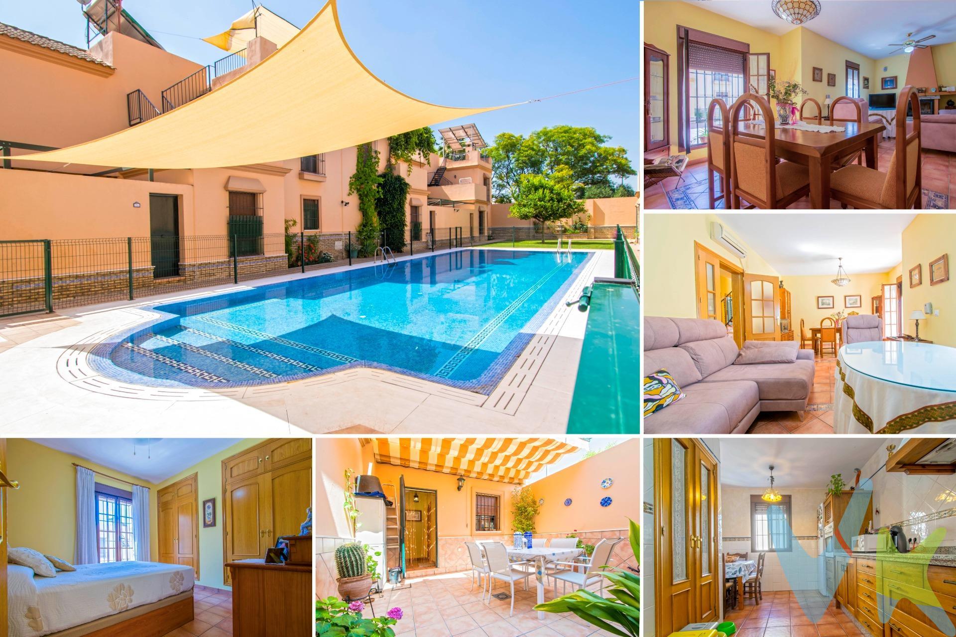 Esta preciosa casa adosada se encuentra dentro de un recinto privado de diez viviendas con zonas comunes para celebraciones, amplia piscina comunitaria, trastero individual para cada una de las viviendas, y barbacoa comunitaria. Nuestra vivienda cuenta con 161 m2 construidos distribuidos en:. Planta baja: pequeño porche delante con acceso al interior del inmueble, hall de entrada, salón-comedor amplio y luminoso con chimenea, split de aire acondicionado frío/calor y grandes ventanales a la calle. Baño completo con placa de ducha y ventana al exterior. Una estancia a modo de despacho, que bien podría ser otra habitación individual. Amplia cocina independiente amueblada y equipada con electrodomésticos, ventanas de madera, puerta corredera, gran despensa, y zona para desayunar y comer. Y patio trasero muy acogedor. Planta superior: un baño completo con placa de ducha, dos dormitorios muy luminosos (ambos con vestidor), y un tercer dormitorio principal con dos armarios empotrados. Acceso a una azotea con vistas despejadas. Lugar donde se respira tranquilidad, armonía, a tan solo 13 km de la capital en coche, con una gran calidad de vida y todos los servicios necesarios disponibles a su alrededor. Comunidad: 40€/mes. Cerca de la segunda estación de ferrocarril, residencia de mayores, Mercadona, colegios, centro de salud.. Instalación de placas solares A NEGOCIAR. Si quiere más información no dude en ponerse en contacto con nosotros. Reserve su visita sin compromiso. Informamos a nuestros clientes compradores que el precio de venta no incluye lo siguiente: Honorarios de la agencia inmobiliaria, Impuestos (I. T. P. , I. V. A. o A. J. D. , en su caso) ni otros gastos de la compraventa (gastos de Registro de la Propiedad, Notaría, Gestoría ni de posible Financiación). Documento D. I. A. a disposición del consumidor según Decreto 218/2005 Junta de Andalucía.