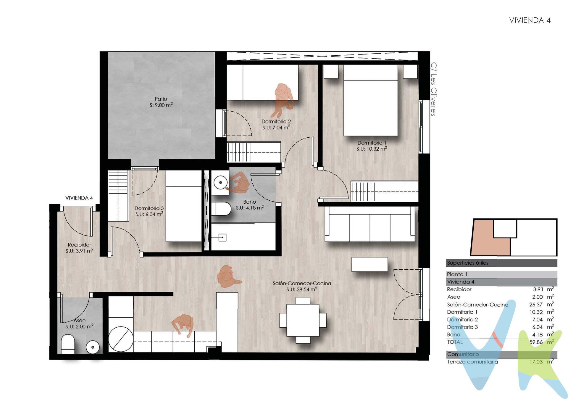 Nueva Promoción en Benicasim Pueblo  . En pleno centro de Benicasim, presentamos una exclusiva promoción de viviendas entre medianeras diseñada para quienes buscan un hogar moderno y confortable en una ubicación privilegiada. Este proyecto destaca por su diseño interior, la optimización de los espacios y la excepcional calidad de los materiales empleados.  . Las viviendas, disponibles en opciones de 1, 2 y 3 dormitorios, están pensadas para aprovechar al máximo la luz natural y ofrecer una distribución funcional que se adapta a las necesidades actuales. Cada detalle ha sido cuidadosamente seleccionado: las cocinas, de diseño contemporáneo, vienen completamente equipadas con electrodomésticos de alta gama; los baños, acabados con cerámicas y griferías de primeras marcas, aportan un toque de distinción; y los grandes ventanales proporcionan una sensación de amplitud y luminosidad única.  . La calidad de los materiales es uno de los grandes protagonistas de esta promoción. Suelos laminados o cerámicos, a elección del cliente, combinados con un excelente aislamiento térmico y acústico, garantizan un ambiente acogedor, privado y eficiente. Además, la carpintería interior en tonos cálidos y los cerramientos exteriores con rotura de puente térmico aportan un acabado sofisticado y funcional.  . Comprometidos con la sostenibilidad, estas viviendas han sido diseñadas bajo criterios de eficiencia energética, con sistemas de climatización modernos que contribuyen al ahorro y respetan el medio ambiente.  . Con precios ajustados y opciones de financiación personalizada, esta promoción representa una oportunidad única para estrenar un hogar exclusivo en el centro de Benicasim. Si buscas un espacio donde el diseño, la calidad y la ubicación se unan para ofrecerte el máximo confort, este es tu nuevo hogar.  . Contáctanos para más información  ¡Te esperamos!