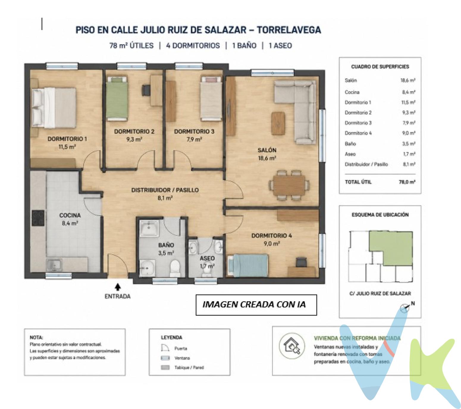 Piso de 78 m² útiles para terminar de reformar en la calle Julio Ruiz de Salazar (Torrelavega)Se vende vivienda de 78 m² útiles con la reforma iniciada, una excelente oportunidad para diseñar y terminar el hogar a tu gusto, adaptándolo a tus necesidades.La vivienda dispone de 4 dormitorios, salón, cocina, un baño y un aseo, ofreciendo una distribución amplia y funcional, ideal para familias o como inversión.Entre los trabajos ya realizados destacan la instalación de ventanas nuevas y la renovación de la fontanería, quedando preparadas las instalaciones de baño, aseo y cocina. Un importante avance que supone un importante ahorro en tiempo y costes de reforma.Ubicada en la calle Julio Ruiz de Salazar, la vivienda se encuentra en una zona consolidada de Torrelavega, con una amplia oferta de servicios a pocos minutos: supermercados, comercios de proximidad, colegios, institutos, centros de salud, farmacias, zonas infantiles y deportivas, además de cafeterías y restaurantes. Dispone también de buenas comunicaciones mediante transporte público y un cómodo acceso a las principales vías de comunicación, facilitando los desplazamientos tanto dentro de la ciudad como hacia otros municipios.Gracias a su amplitud y a las mejoras ya ejecutadas, esta vivienda ofrece un gran potencial para convertirse en un hogar moderno y totalmente personalizado.Si buscas un piso con posibilidades, donde puedas terminar la reforma a tu gusto y revalorizar tu inversión, esta puede ser la oportunidad que estabas esperando.¡Solicita más información y ven a descubrir todo su potencial!Gastos e Impuestos no incluidos en el precio. Compra sujeta a ITP. El comprador se hará cargo de los costes de la escritura e inscripción en el Registro de la Propiedad.Más información sobre transparencia, impuestos, gastos y condiciones de compraventa en nuestra web www.activanorte.com