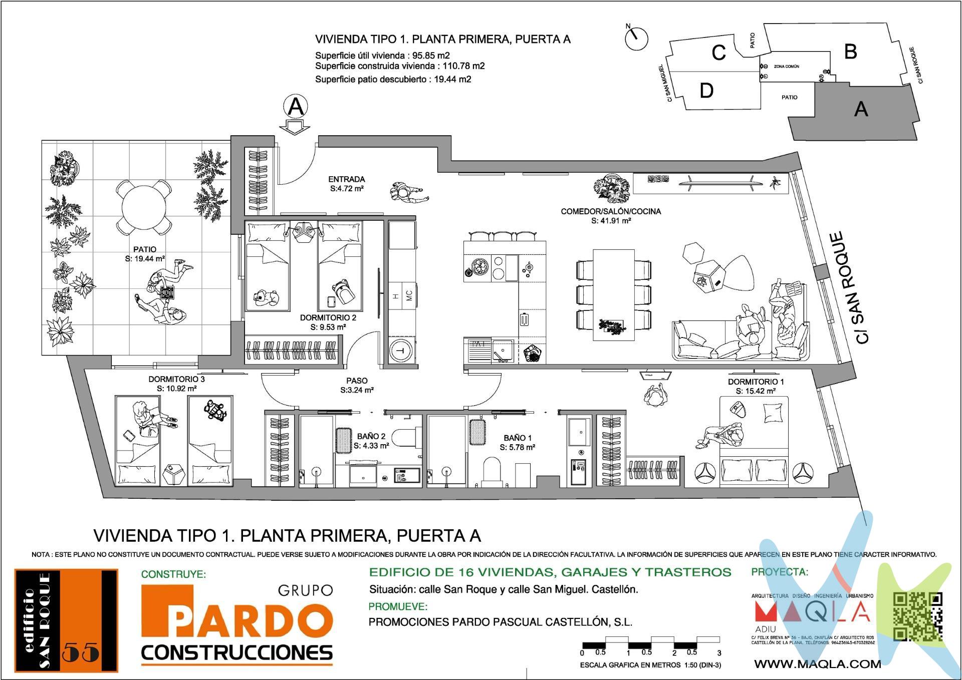 La promoción Edificio san Roque es un edificio plurifamiliar . El edificio se situa en Castellón teniendo fachada tanto en la C /San Roque nº 55, en un entorno consolidado en Castellón, con todos los servicios urbanos cerca, como colegios, hospitales , supermercados, etc. El edificio está ubicado a 5 min caminando del centro de la ciudad. El edificio dispone de viviendas de una,dos, tres y cuatro habitaciones con dos baños. Cada vivienda cuenta con amplias terrazas, una plaza de garaje y un trastero por vivienda. En cuanto a las divisiones entre habitaciones, se ha optado por un sistema de tabiquería de placa de yeso laminado de 15 mm de espesor que aseguran un perfecto acabado en toda su superficie, con aislamiento acústico entre los tabiques interiores y estructura portante de acero galvanizado. El pavimento y revestimiento de cocina y baños de todas las viviendas serán de azulejo porcelánico de primera calidad .Las paredes del baño y cocina irán revestidas hasta el techo en material cerámico de primera calidad . Ventanas, balconeras, fijos y puertas de salida a la terraza y/o balcón de aluminio lacado en color con rotura de puente térmico. Vidrio tipo Doble CLIMALIT, vidrio incoloro bajo emisivo. Que garantiza el aislamiento acústico de los ruidos procedentes de la calle y, mejorando también el aislamiento térmico con apertura de carpintería sistema corredero, apertura batiente y apertura oscilobatiente donde la medida lo requiera. Cocina totalmente amueblada, con un diseño actual de muebles altos y bajos . Los sanitarios son de la marca ROCA. La vivienda llevará la instalación completa de aire acondicionado (frio y caliente) en toda la casa excepto baños y cocina, mediante conductos. Los CONDUCTOS serán CLIMAVER PLUS de 25 mm de espesor o similar. Las viviendas irán provistas de CAJA FUERTE de tamaño mediano empotrada en obra. Cada vivienda lleva vinculada una plaza de garaje y un cuarto trastero. El ASCENSOR es de 6 personas, con puertas automáticas, dispositivo telefónico para caso de avería y cabinas decoradas. Los elementos comunes guardaran el estilo y personalidad del edificio cuidando especialmente el zaguán en dónde se emplearan materiales cerámicos de gran formato y diseño exclusivo, combinados con la cerrajería de la puerta de entrada, los revestimientos de los paramentos y demás elementos. En el zaguán se cuidará igualmente la iluminación, empleando para ello luces indirectas automatizadas de bajo consumo y con encendido progresivo que optimice además el consumo energético. El resto de zonas de paso, en especial en los distribuidores de planta, se emplearan downlights de led que estarán conectados a un sistema de encendido automático mediante detectores de presencia. En  la planta sexta se dispone de un pequeño espacio común destinado a TENDEDERO COMUNITARIO, con acceso directo desde el ascensor. El edificio, dispondrá de un sistema de DESCALCIFICADOR DE AGUA POTABLE COMUNITARIO. Por mandato expreso de la propiedad comercializamos este inmueble mediante contrato de exclusiva o multi-exclusiva, por el cual numerosas agencias colaboradoras,nacionales e internacionales,ofrecen esta vivienda a sus potenciales compradores, todo ello garantizando un servicio de calidad, un trato fácil, sencillo y sin interferencias de terceros. * Impuestos, gastos de compraventa y financiación no incluidos