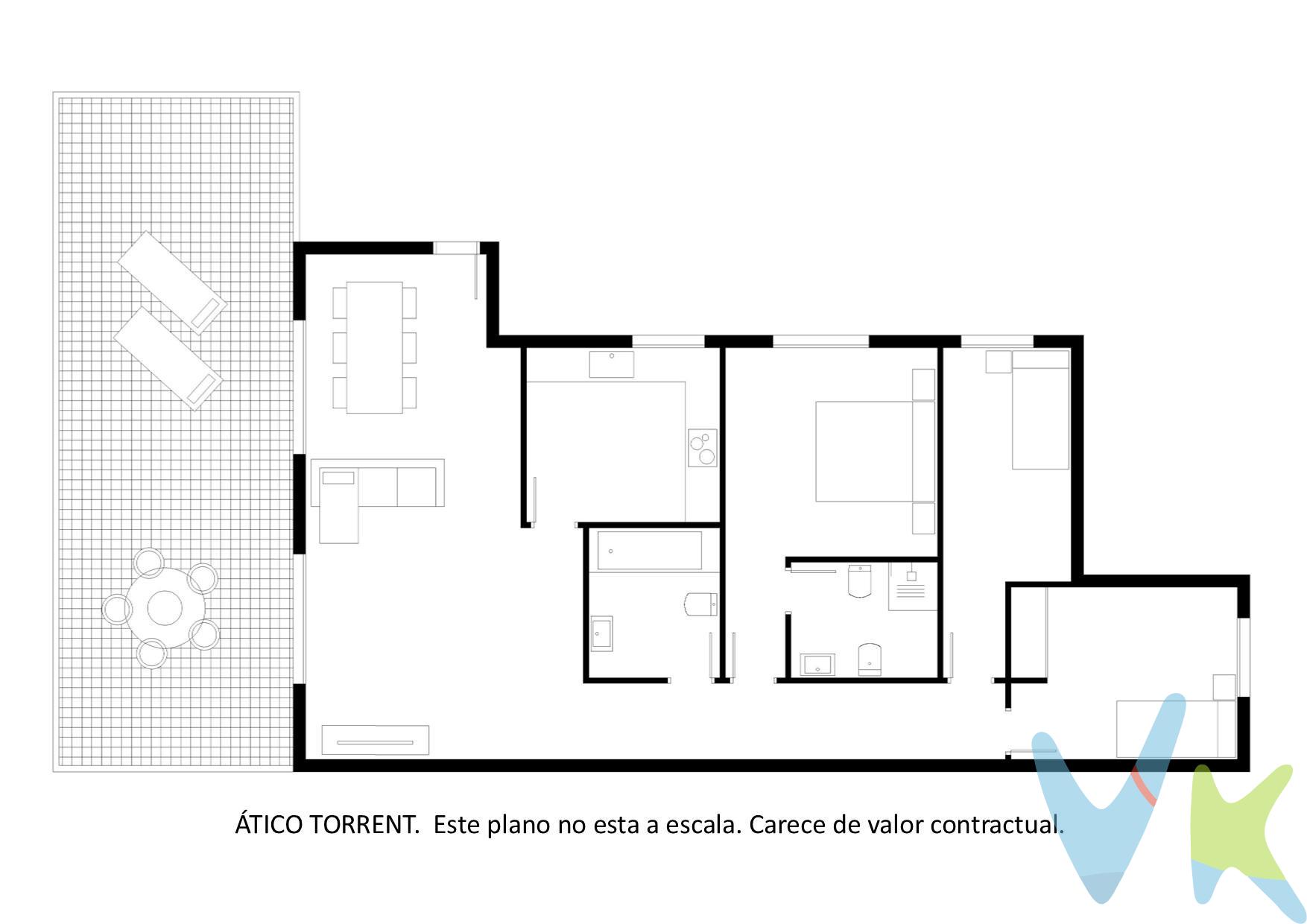 Te presentamos en Exclusiva este ATICO CON LA TERRAZA EN LA MISMA PLANTA, de los pocos que no tienen su terraza en la parte superior. Ubicado en el corazón de Torrente, AL LADO DE LA PARADA DE METRO AVENIDA y con vistas panorámicas. Desde el momento en que entras, te cautivará con su diseño elegante y espacios luminosos. Al entrar a tu nuevo hogar, te recibirá un amplio y luminoso salón-comedor que se abre a una espectacular terraza privada, perfecta para disfrutar del clima  y de reuniones al aire libre con familiares y amigos. La terraza ofrece vistas impresionantes , creando un ambiente  para relajarse y disfrutar de momentos inolvidables. A la izquierda del salón, encontrarás una cocina independiente totalmente equipada, con su diseño funcional y moderno, el  ático también cuenta con tres dormitorios bien distribuidos, dos baños uno de ellos en  suite en la habitación principal. Situado en una de las mejores zonas  de Torrent a pocos metros de la parada de metro de Torrent Avinguda, esta propiedad está rodeada de todos los servicios necesarios para una vida cómoda y funcional. Desde bancos hasta restaurantes, centros médicos y colegios, ¡tendrás todo lo que necesitas al alcance de tu mano!. No dejes pasar la oportunidad de vivir en este espectacular ático. ¡Contáctanos hoy mismo para programar una visita y descubrir tu nuevo hogar!. Por mandato expreso del propietario, comercializamos este inmueble EN EXCLUSIVA, lo que le garantiza un servicio de calidad, un trato fácil, sencillo y sin interferencias de terceros. Por este motivo, se ruega no molestar al propietario, a los ocupantes de la propiedad, a los vecinos. Muchas gracias por su comprensión. .  El precio NO incluye los gastos de notaría, ni impuestos, ni gastos de registro de la propiedad, ni gastos de gestoría, ni honorarios de la inmobiliaria, ni cualquier otro gasto que no este especificado.  .  Los datos e información contenida en este anuncio es meramente informativa, por lo que no tiene carácter contractual, pudiendo contener errores, reservándose la inmobiliaria a poder modificarla en cualquier momento. Para saber más sobre el mismo no dude en ponerse en contacto con nosotros. 