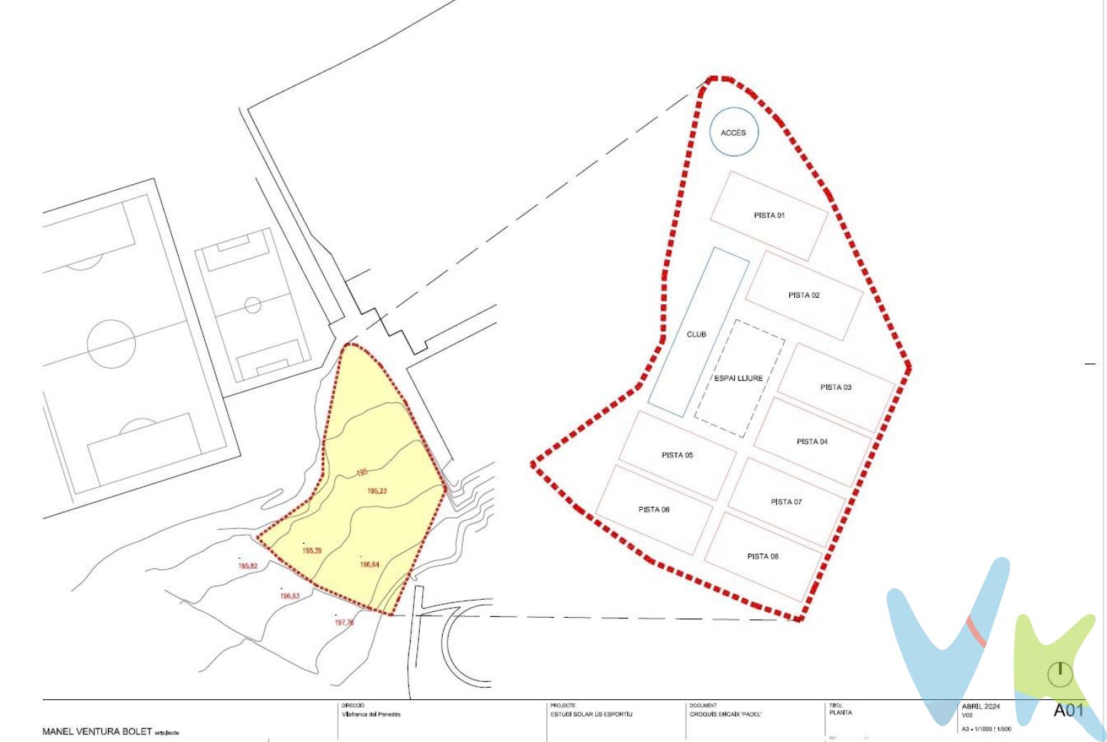 GRAN OPORTUNIDAD PARA INVERSORES! ..Amplio terreno de 3.735 m2 estratégicamente ubicado en Vilafranca del Penedés...Se ubica en una zona que colinda con el campo de fútbol y el pabellón deportivo. Además, está en las inmediaciones de un complejo acuático, un gimnasio, el auditorio municipal y las pistas de atletismo, lo que lo convierte en un enclave ideal para el desarrollo de diversas instalaciones deportivas..El área cuenta con una amplia disponibilidad de estacionamiento municipal gratuito, lo que proporciona comodidad para los usuarios de las instalaciones...Características del terreno:..- Superficie aproximada clasificada como sistema viario: 713,47 m2.- Superficie aproximada clasificada como zona verde: 245,85 m2.- Superficie aproximada clasificada como sistema de equipamientos: 2.775,68 m2..Características urbanísticas:..- Tipo de ordenación: Edificación aislada.- Edificabilidad: El índice de edificabilidad neta es de 0,50 m2s/m2s..- Ocupación: La ocupación máxima permitida es del 40% de la superficie de la zona..- Altura máxima: La altura máxima será de 10,50 ml correspondientes a planta baja más dos plantas piso..- Usos permitidos: Se permiten los usos de equipación pública siguientes: Sanitario, Cultural, Enseñanza, Deportivo, Comercial, Administrativo, Religioso, y cualquier otro de interés público y social. Se prohíbe el uso residencial de vivienda, industrial y el recreativo de clave 13.2 de las normas del POUM (discoteca)...Disponemos de informe topográfico, no dude en consultarnos para más información...El precio en el anuncio no incluye impuestos de compra (ITP, IVA , AJD), ni los gastos de Notaría y Registro de la Propiedad. La información visual y documental del anuncio no tiene car??cter contractual y puede no ser del todo precisa. El mobiliario y el equipamiento que se muestra en las imágenes no está incluido en el precio de venta.
