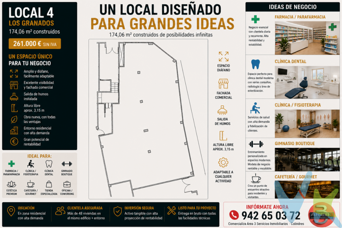 Disponible promoción de locales comerciales a pie de calle en Los Granados VII, una nueva urbanización en una zona residencial consolidada de Colindres, rodeada de viviendas y con gran potencial comercial.? Ubicados en una zona con mucha población residente, varios negocios ya en funcionamiento y un entorno ideal para desarrollar actividad profesional o comercial.Los locales destacan por: ? Fachada y visibilidad a pie de calle ? Fácil acceso y buena comunicación ? Zona con facilidad de aparcamiento ? Entorno soleado y agradable ? Ideal para comercio, oficinas, clínica, academia, estética, hostelería o despachos profesionalesUna excelente oportunidad para establecer tu negocio en una zona moderna, en crecimiento y con movimiento diario de vecinos y clientes potenciales.Cada vez hay menos locales bien ubicados y con buenas condiciones en Colindres. Si estás pensando en emprender o ampliar tu actividad, este puede ser el espacio que estabas buscando.
