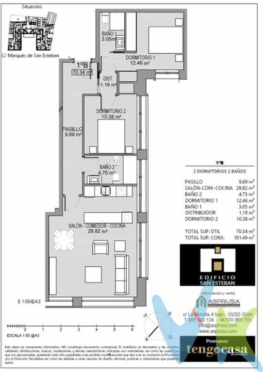 Siente el placer y distinción de vivir en el EDIFICIO SAN ESTEBAN.  Ya puedes visitar la única vivienda disponible. Dos dormitorios y dos baños.El Edificio SAN ESTEBAN combina tradición y vanguardia, consiguiendo la CALIFICACIÓN ENERGÉTICA A y ofreciendo a sus habitantes un excelente confort interior y una cuidada estética exterior.Es un inmueble con historia y relevancia en la ciudad de Gijón que forma parte del Catálogo Urbanístico, siendo sus creadores los prestigiosos arquitectos D. Miguel Díaz Negrete () y D. y Juan Manuel del Busto ()La rehabilitación integral que se acometerá, pretende mantener viva la esencia original del edificio, mejorando su accesibilidad, habitabilidad y confort, pero manteniendo al mismo tiempo sus valores y principales características que definen la personalidad de este emblemático inmueble, adaptándolo a las exigencias, normativas y técnicas actuales.CALIDADES EXCEPCIONALES:Carpintería de PVC con rotura de puente térmico. Acristalamiento tipo Climalit o similar, con cámara interior de aire y doble vidrio bajo emisivos con baja transmitancia térmica para optimizar el aislamiento acústico y térmico de las viviendas tanto en invierno como en verano.. Persianas de aluminio en todas las ventanas, alojadas en cajón aislado térmicamente e integrado en la propia ventanaPuerta de entrada acorazada.Puertas interiores abatibles y correderas, según planos, lacadas en blanco y con rayas horizontales. Con condena en baños y en dormitorio principal.Mampara de forja con vidrios, en la separación con salones, según viviendas.Armarios en todas las habitaciones, lacados en blanco, según planos, revestidos interiormente e incluyendo balda separadora de maletero y barra de colgar. CALEFACCIÓN y ACSCalefacción y ACS con sistema de producción centralizada de gas natural y con contadores individuales de consumo.Equipos de alta eficiencia, mediante Aerotermia, como apoyo a la producción de agua caliente.Radiadores de aluminio con regulación individual.Termostato wifi programable desde dispositivos móviles para el encendido/apagado o regulación a distancia de la calefacción. BAÑOSInodoros suspendidos, ROCA MERIDIAN o similar.Lavabos con mueble integrado y dos cajones, marca ROCA o similar.Espejo con aplique LED en todos los baños.Grifería marca ROCA, TRES o similar, termostáticas en bañeras y duchas, según planos.Mampara de vidrio fijo en todas las duchas.Mecanismos de primeras marcas.Iluminación mediante luminarias de tipología LED para empotrar, en pasillos y baños. Downlights o tiras LED en cocinas.Instalación de Telecomunicaciones conforme al reglamento ICT. Tomas de TV-FM, e internet según reglamento de BT e ICT. En el salón se instalarán dos tomas de TV en sitios diferentes, para flexibilizar la decoración de la estancia.Red de fibra óptica común del edificio hasta el PAU de la vivienda, conforme Reglamento de ICT.Vídeo portero con pantalla a color, para intercomunicación entre las viviendas y el acceso al portal.Dos ascensores con paradas en todas las plantas, de marca de referencia con capacidad para seis personas cada uno. Puerta de desembarque de zonas comunes en acero inoxidable.Recuperador de calor individual, para conseguir un mayor ahorro energético y salubridad del aire dentro de cada vivienda. El acceso principal, sin barreras arquitectónicas, así como las zonas comunes del edificio, en consonancia con la elegancia de todo el conjunto, están especialmente estudiados, en su composición y en su decoración, con materiales nobles como el mármol en zonas de suelos y paredes y una estudiada iluminación LED.Se dispondrá de pack de buzones inteligentes para recibir pedidos online sin estar en casa, exclusivos para la comunidad de propietarios. 
