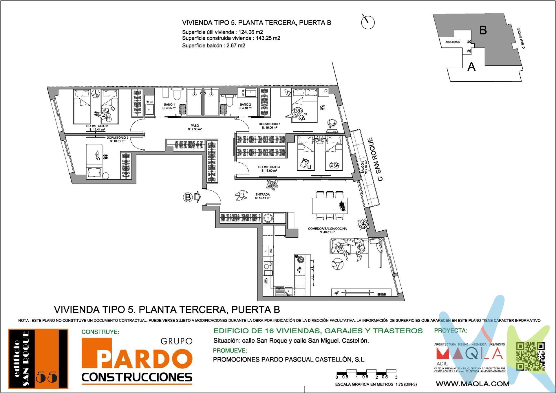 La promoción Edificio san Roque es un edificio plurifamiliar . El edificio se situa en Castellón teniendo fachada tanto en la C /San Roque nº 55, en un entorno consolidado en Castellón, con todos los servicios urbanos cerca, como colegios, hospitales , supermercados, etc. El edificio está ubicado a 5 min caminando del centro de la ciudad. El edificio dispone de viviendas de una,dos, tres y cuatro habitaciones con dos baños. Cada vivienda cuenta con amplias terrazas, una plaza de garaje y un trastero por vivienda. En cuanto a las divisiones entre habitaciones, se ha optado por un sistema de tabiquería de placa de yeso laminado de 15 mm de espesor que aseguran un perfecto acabado en toda su superficie, con aislamiento acústico entre los tabiques interiores y estructura portante de acero galvanizado. El pavimento y revestimiento de cocina y baños de todas las viviendas serán de azulejo porcelánico de primera calidad .Las paredes del baño y cocina irán revestidas hasta el techo en material cerámico de primera calidad . Ventanas, balconeras, fijos y puertas de salida a la terraza y/o balcón de aluminio lacado en color con rotura de puente térmico. Vidrio tipo Doble CLIMALIT, vidrio incoloro bajo emisivo. Que garantiza el aislamiento acústico de los ruidos procedentes de la calle y, mejorando también el aislamiento térmico con apertura de carpintería sistema corredero, apertura batiente y apertura oscilobatiente donde la medida lo requiera. Cocina totalmente amueblada, con un diseño actual de muebles altos y bajos . Los sanitarios son de la marca ROCA. La vivienda llevará la instalación completa de aire acondicionado (frio y caliente) en toda la casa excepto baños y cocina, mediante conductos. Los CONDUCTOS serán CLIMAVER PLUS de 25 mm de espesor o similar. Las viviendas irán provistas de CAJA FUERTE de tamaño mediano empotrada en obra. Cada vivienda lleva vinculada una plaza de garaje y un cuarto trastero. El ASCENSOR es de 6 personas, con puertas automáticas, dispositivo telefónico para caso de avería y cabinas decoradas. Los elementos comunes guardaran el estilo y personalidad del edificio cuidando especialmente el zaguán en dónde se emplearan materiales cerámicos de gran formato y diseño exclusivo, combinados con la cerrajería de la puerta de entrada, los revestimientos de los paramentos y demás elementos. En el zaguán se cuidará igualmente la iluminación, empleando para ello luces indirectas automatizadas de bajo consumo y con encendido progresivo que optimice además el consumo energético. El resto de zonas de paso, en especial en los distribuidores de planta, se emplearan downlights de led que estarán conectados a un sistema de encendido automático mediante detectores de presencia. En  la planta sexta se dispone de un pequeño espacio común destinado a TENDEDERO COMUNITARIO, con acceso directo desde el ascensor. El edificio, dispondrá de un sistema de DESCALCIFICADOR DE AGUA POTABLE COMUNITARIO. Por mandato expreso de la propiedad comercializamos este inmueble mediante contrato de exclusiva o multi-exclusiva, por el cual numerosas agencias colaboradoras,nacionales e internacionales,ofrecen esta vivienda a sus potenciales compradores, todo ello garantizando un servicio de calidad, un trato fácil, sencillo y sin interferencias de terceros. * Impuestos, gastos de compraventa y financiación no incluidos