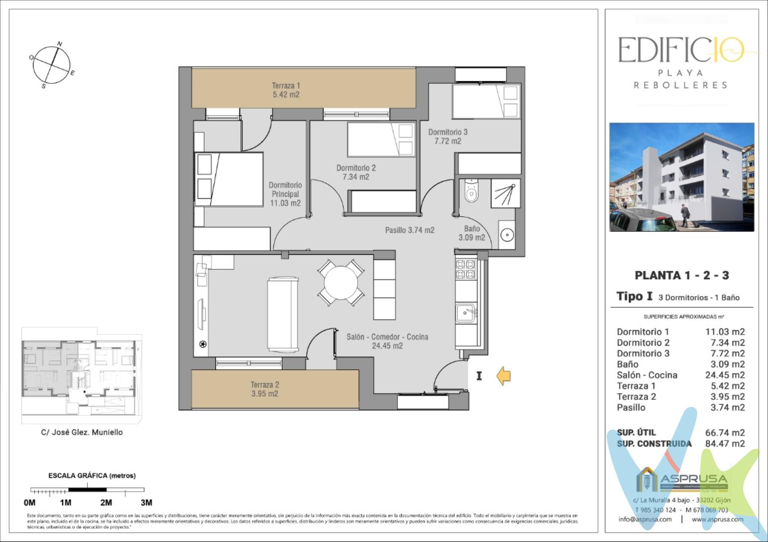 EDIFICIO PLAYA REBOLLERES  CANDÁS (ASTURIAS)   Elige tu vivienda junto al mar, en un entorno natural privilegiado. Apartamentos de un dormitorio y de tres dormitorios con dos terrazas.    A solo15 minutos de Gijón, 25 de Oviedo y 20 de Avilés y del Aeropuerto de Asturias.  Gastronomía marinera y tradicional de primer nivel.  Sendas costeras, naturaleza y tranquilidad a un paso del centro urbano.  Ideal para vivir todo el año o como segunda residencia junto al mar.  Viviendas modernas y confortables.     Candás y el entorno de Playa de Rebolleres:    Candás, capital del concejo de Carreño, es uno de los enclaves más emblemáticos de la costa central asturiana. Antiguo puerto ballenero y hoy villa marinera con un encanto especial, combina la autenticidad de su tradición pesquera con la modernidad y calidad de vida que buscan quienes desean vivir junto al mar. Su entorno, presidido por la Playa de Rebolleres, es un rincón privilegiado que ofrece tranquilidad, vistas espectaculares y la brisa marina como compañera diaria.    El entorno de la Playa de Rebolleres se distingue por su serenidad y belleza natural. Se trata de una zona residencial elevada, con vistas panorámicas sobre el Cantábrico y el puerto de Candás, rodeada de sendas peatonales y espacios verdes que invitan a pasear, hacer deporte o simplemente disfrutar del paisaje. Desde allí parten rutas como la Senda Norte, que conecta con otras playas y acantilados de la costa asturiana. A pesar de su tranquilidad, está a escasos minutos caminando del centro urbano, con todos los servicios esenciales: supermercados, colegios, centro de salud, comercios y una oferta gastronómica de primer nivel.    Candás disfruta de una ubicación estratégica que combina la calma de un pueblo costero con la cercanía a los principales núcleos urbanos de Asturias. Está a tan solo 15 minutos de Gijón, 25 de Oviedo y 20 de Avilés, además de encontrarse a menos de media hora del Aeropuerto de Asturias. Su red de comunicaciones, tanto por carretera como por tren, permite desplazamientos cómodos y rápidos a cualquier punto de la región.    La gastronomía de Candás es otro de sus grandes atractivos. Restaurantes y sidrerías ofrecen los mejores pescados y mariscos del Cantábrico, junto con la cocina tradicional asturiana, en un ambiente cercano, auténtico y acogedor. La villa cuenta con una intensa vida cultural, fiestas tradicionales y un vecindario amable, lo que hace de Candás un lugar perfecto tanto para residir todo el año como para disfrutar de largas estancias en un entorno saludable y con encanto.    Vivir en el entorno de la Playa de Rebolleres es apostar por la calidad de vida: mar, naturaleza, tranquilidad y una comunidad acogedora, sin renunciar a la cercanía a las principales ciudades y servicios de Asturias. Una oportunidad única para disfrutar del mar Cantábrico cada día desde una ubicación privilegiada.    Viviendas junto al mar, en un entorno natural privilegiado.  A solo15 minutos de Gijón, 25 de Oviedo y 20 de Avilés y del Aeropuerto de Asturias.  Gastronomía marinera y tradicional de primer nivel.  Sendas costeras, naturaleza y tranquilidad a un paso del centro urbano.  Ideal para vivir todo el año o como segunda residencia junto al mar.  Viviendas modernas y confortables.     Compromiso con la eficiencia y el confort    Nuestra conciencia y respeto hacia el medio ambiente nos impulsan a conseguir con este edificio, un menor impacto en los consumos energéticos.    Esto se consigue gracias al aislamiento térmico aplicado en el edificio, a la calidad técnica de las carpinterías exteriores y a sus vidrios aislantes, entre otros.    Un compromiso con nuestros clientes y el futuro, que se traduce en un edificio con un menor impacto en los consumos energéticos y en el que prima el bienestar y el confort de sus usuarios.