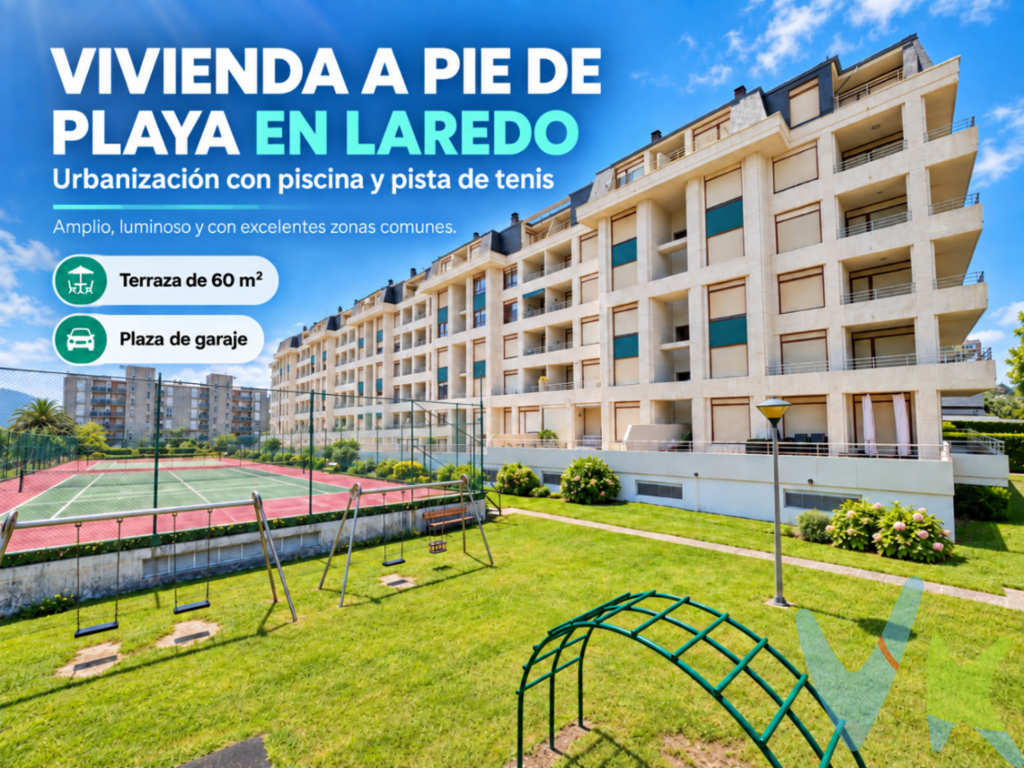 Bajo con dos terrazas y acceso directo a la playa de LaredoVivir junto al mar adquiere una dimensión diferente en esta singular vivienda en planta baja, situada en primera línea de la playa de La Salvé, en Laredo, junto al paseo marítimo.La propiedad cuenta con aproximadamente 100 m² construidos y 90 m² útiles, distribuidos en tres dormitorios, salón-comedor, cocina y dos baños. Se encuentra en un estado correcto de conservación y es perfectamente utilizable, aunque sus acabados ofrecen la posibilidad de actualizarla y adaptarla al gusto del nuevo propietario.Uno de sus principales atractivos es su amplia terraza principal, de aproximadamente 48 m², orientada hacia la playa. Desde ella se accede directamente al paseo marítimo mediante un portón privado, sin necesidad de atravesar el portal ni las zonas interiores del edificio. Un espacio ideal para comer al aire libre, descansar, tomar el sol o disfrutar del entorno marítimo durante gran parte del año.En el lado opuesto de la vivienda dispone de una segunda terraza de unos 10 m², orientada al sur y con acceso desde uno de los dormitorios. Ambas terrazas están comunicadas por un corredor exterior lateral, creando una agradable continuidad alrededor de la vivienda.El salón tiene salida directa a la terraza principal, una distribución que favorece la entrada de luz natural, la ventilación cruzada y una conexión constante entre los espacios interiores y exteriores.La propiedad incluye plaza de garaje cerrada y trastero, dos elementos especialmente valorados en esta zona de Laredo, sobre todo durante los meses de mayor ocupación.La urbanización dispone de zonas ajardinadas, piscina, pista de tenis y espacios comunitarios, todo ello a escasos pasos de la playa y del paseo marítimo.Una vivienda difícil de encontrar por su combinación de primera línea de playa, planta baja, tres dormitorios, dos terrazas, acceso privado al paseo, garaje y trastero. Ideal tanto como residencia habitual como para disfrutar de una segunda vivienda amplia y cómoda junto al mar.Impuestos, gastos notariales y registrales no incluidos. Honorarios a cargo del comprador: 1 % sobre el precio de venta.