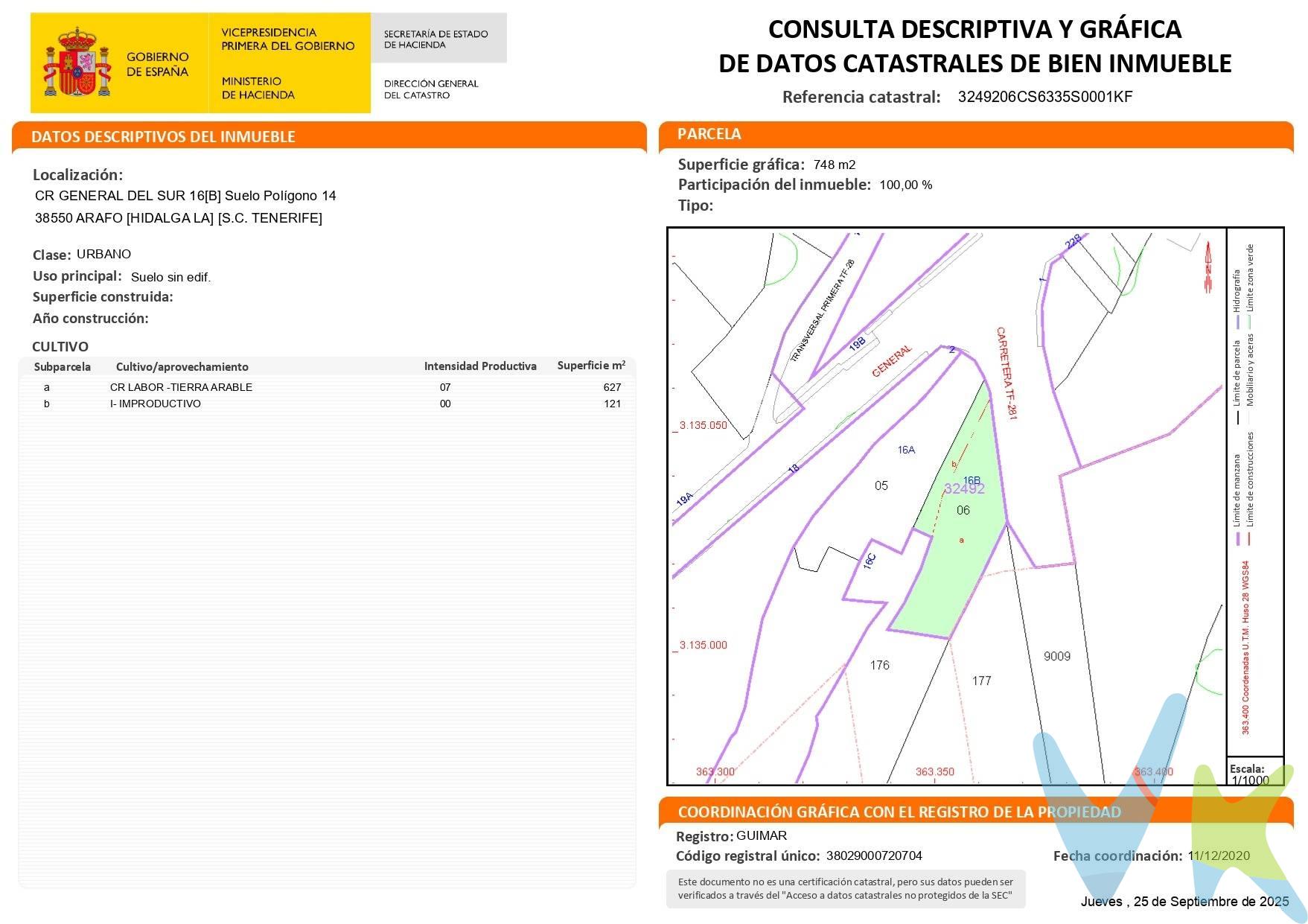 Se ofrece magnífico solar urbano de 748 m², con parte de suelo urbano consolidado en tipología de manzana cerrada de hasta dos plantas, ideal para desarrollar la vivienda que siempre has imaginado. Ubicado en La Hidalga en el municipio de Arafo, en una zona muy bien comunicada, destaca por su proximidad a la autopista, lo que permite una conexión rápida y cómoda con los principales núcleos de la isla. Una ubicación estratégica que combina accesibilidad y entorno residencial. Un espacio amplio que ofrece múltiples posibilidades para diseñar y construir tu hogar a medida, adaptado a tus necesidades, con jardín, huerta o terraza. Si buscas un lugar donde invertir con visión o crear tu propio proyecto de vida desde cero, este solar es una oportunidad a tener en cuenta. ¡Llámame!