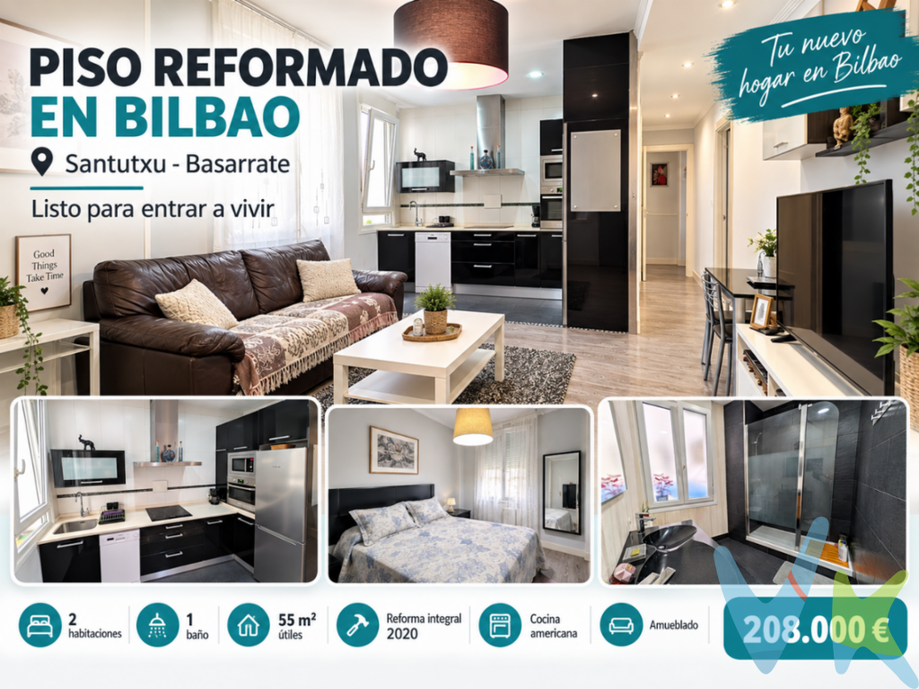Hay barrios que mantienen su atractivo año tras año, y Santutxu es uno de ellos.Si buscas una vivienda cómoda, reformada y con una ubicación excelente en Bilbao, este piso en Juan de la Cosa puede ser justo lo que estabas esperando.? 56 m² muy bien aprovechados, con una distribución práctica y actual: Salón con cocina americana, creando un espacio moderno y funcional. Dos dormitorios. Amplio baño con plato de ducha de perfil bajo. Práctico espacio de almacenaje integrado en el propio baño.La vivienda ha sido reformada para ofrecer comodidad desde el primer día, con ventanas de PVC, suelos modernos, carpintería interior renovada y radiadores eléctricos.Pero uno de sus puntos fuertes está también en el edificio.La comunidad ha llevado a cabo importantes mejoras que aportan tranquilidad y valor a la vivienda:? Portal completamente renovado? Ascensor instalado? Cubierta rehabilitadaTodo ello en una ubicación especialmente cómoda, con supermercados, comercios, transporte público, colegios, zonas verdes, restauración y todo lo necesario para el día a día a pocos minutos caminando.? Santutxu sigue siendo uno de los barrios más demandados de Bilbao, tanto para quienes buscan vivienda habitual como para quienes valoran comprar en una zona consolidada, bien comunicada y con todos los servicios.? Una vivienda reformada, con ascensor y preparada para entrar a vivir en pleno Santutxu: una combinación cada vez más buscada y difícil de encontrar.No dejes pasar la oportunidad de conocerla. Contacta con nosotros para ampliar información o concertar una visita.Impuestos y gastos notariales no incluidos