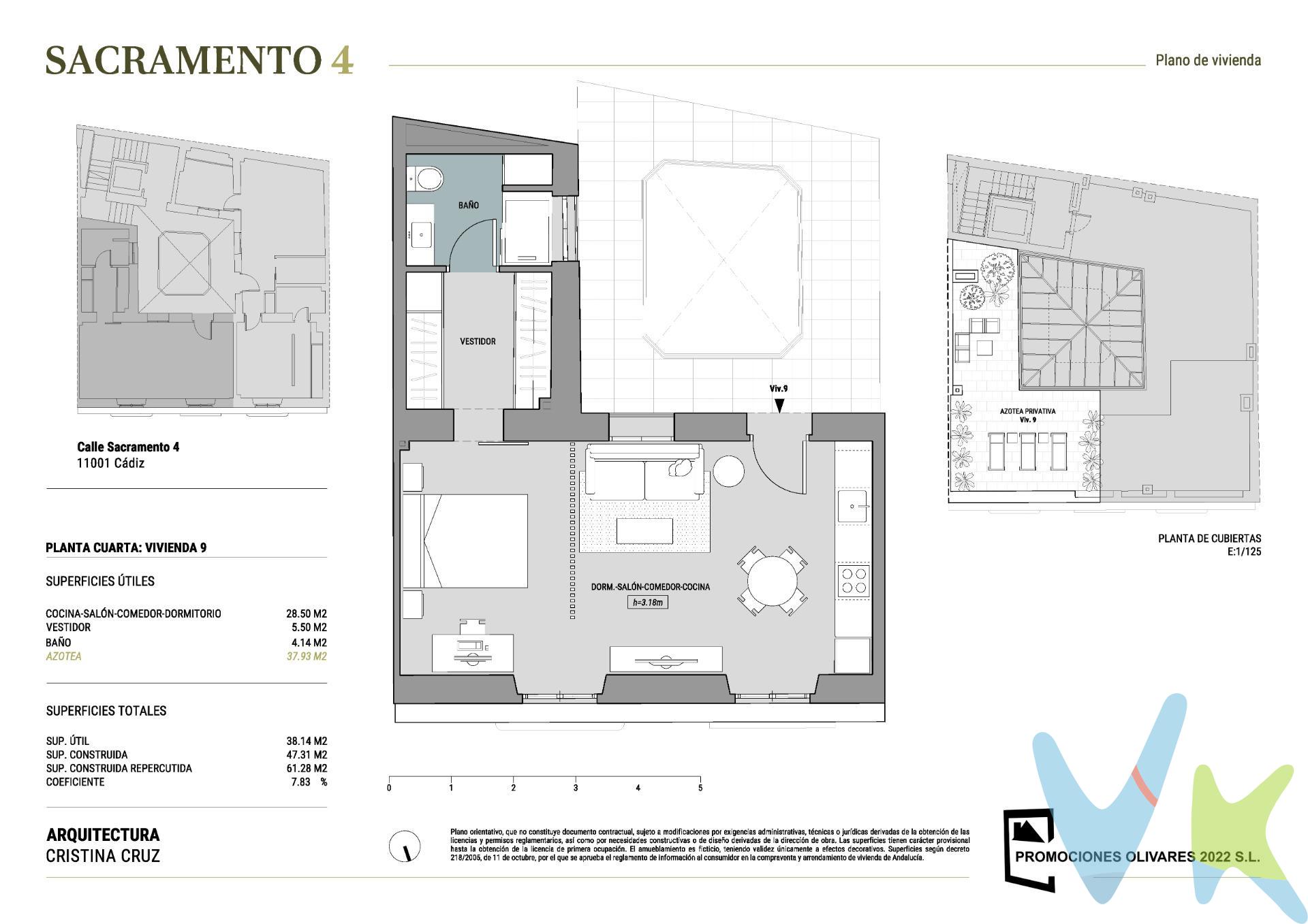 Sumérjase en la esencia de la vida gaditana con Sacramento 4, una promoción que redefine la exclusividad en el centro histórico de Cádiz. A escasos metros de la vibrante Plaza Candelaria, este proyecto le ofrece la oportunidad única de vivir en un enclave privilegiado, rodeado de la vida que ansía: comercios locales, cafeterías con encanto, restaurantes exquisitos, supermercados, farmacias y todos los servicios de proximidad. Imagine paseos entre calles centenarias, con la majestuosa Catedral, el bullicioso Mercado Central y la pintoresca Plaza de las Flores a pocos minutos a pie, y la icónica playa de La Caleta a un agradable paseo. Esta promoción se compone de 9 exclusivas viviendas, todas exteriores, diseñadas para maximizar la luz natural y el confort. Dos de estas viviendas residenciales ofrecen un valor añadido inigualable: una terraza privativa en azotea, un espacio íntimo donde el sol de Cádiz será su compañero constante. El edificio, de un marcado carácter histórico, ha sido objeto de una rehabilitación integral, donde se ha respetado escrupulosamente su esencia original, fusionándola con acabados modernos y de alta calidad. Las viviendas se entregan bajo un concepto “llave en mano”, totalmente terminadas y listas para entrar a vivir, garantizando desde el primer día un confort excepcional, estilo y practicidad. Detalles de Calidad y Confort que Marcan la Diferencia:. • Cocina: Amueblada y equipada para su comodidad. • Baños: Completos, con mobiliario suspendido, plato de ducha y grifería monomando cromada. • Climatización Eficiente: Sistema multisplit de la prestigiosa marca Hitachi (frío/calor) mediante bomba de calor en dormitorios y salón. • Luz y Ventilación Natural: Un diseño pensado para aprovechar al máximo la ventilación y luminosidad de cada espacio. • Carpintería Exterior: Fabricada en madera de pino lacado blanco con perfil europeo, dotada de doble vidrio tipo Climalit, que asegura un aislamiento térmico y acústico superior, garantizando un oasis de tranquilidad en su hogar. • Suelos Distinguidos: Elegante gres porcelánico de gran formato en tonos gris cementoso en el interior de las viviendas, con aislamiento acústico anti-impacto para una mayor tranquilidad. En la galería, un cautivador gres porcelánico imitación hidráulico. • Seguridad y Estilo Interior: Puerta de entrada blindada con cerradura de seguridad y puertas de paso interiores lacadas en blanco con cuarterones y herrajes mate. Espacios Comunes que Inspiran:. El edificio cuenta con un ascensor accesible que llega a todas las plantas, incluida la espectacular azotea comunitaria. Las zonas comunes, cuidadosamente diseñadas, presentan un elegante pavimento de mármol en damero en planta baja y gres porcelánico de primera calidad en escaleras y el resto de plantas. La iluminación LED con sensores de movimiento añade un toque de seguridad y eficiencia energética, mientras que el imponente portón de entrada de madera de Iroko le da la bienvenida a su exclusivo hogar. Un hogar con historia, carácter y todas las comodidades modernas, en una de las ubicaciones más codiciadas de Cádiz. ¡No pierda la oportunidad de vivir la vida que siempre soñó en Sacramento 4!. ¡Contáctenos hoy mismo para obtener más detalles sobre esta exclusiva promoción y concertar una visita!. * Impuestos, honorarios y gastos de compraventa no incluidos en el precio. Solicite información sin compromiso. 