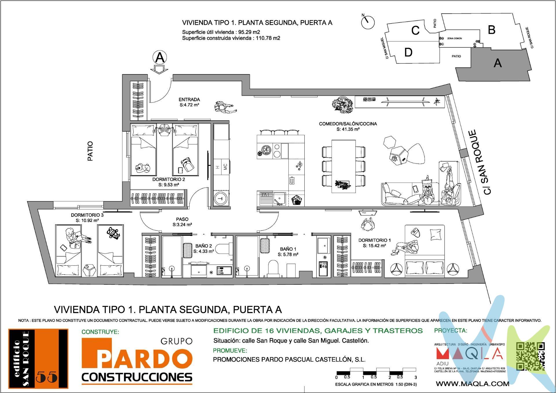 La promoción Edificio san Roque es un edificio plurifamiliar . El edificio se situa en Castellón teniendo fachada tanto en la C /San Roque nº 55, en un entorno consolidado en Castellón, con todos los servicios urbanos cerca, como colegios, hospitales , supermercados, etc. El edificio está ubicado a 5 min caminando del centro de la ciudad. El edificio dispone de viviendas de una,dos, tres y cuatro habitaciones con dos baños. Cada vivienda cuenta con amplias terrazas, una plaza de garaje y un trastero por vivienda. En cuanto a las divisiones entre habitaciones, se ha optado por un sistema de tabiquería de placa de yeso laminado de 15 mm de espesor que aseguran un perfecto acabado en toda su superficie, con aislamiento acústico entre los tabiques interiores y estructura portante de acero galvanizado. El pavimento y revestimiento de cocina y baños de todas las viviendas serán de azulejo porcelánico de primera calidad .Las paredes del baño y cocina irán revestidas hasta el techo en material cerámico de primera calidad . Ventanas, balconeras, fijos y puertas de salida a la terraza y/o balcón de aluminio lacado en color con rotura de puente térmico. Vidrio tipo Doble CLIMALIT, vidrio incoloro bajo emisivo. Que garantiza el aislamiento acústico de los ruidos procedentes de la calle y, mejorando también el aislamiento térmico con apertura de carpintería sistema corredero, apertura batiente y apertura oscilobatiente donde la medida lo requiera. Cocina totalmente amueblada, con un diseño actual de muebles altos y bajos . Los sanitarios son de la marca ROCA. La vivienda llevará la instalación completa de aire acondicionado (frio y caliente) en toda la casa excepto baños y cocina, mediante conductos. Los CONDUCTOS serán CLIMAVER PLUS de 25 mm de espesor o similar. Las viviendas irán provistas de CAJA FUERTE de tamaño mediano empotrada en obra. Cada vivienda lleva vinculada una plaza de garaje y un cuarto trastero. El ASCENSOR es de 6 personas, con puertas automáticas, dispositivo telefónico para caso de avería y cabinas decoradas. Los elementos comunes guardaran el estilo y personalidad del edificio cuidando especialmente el zaguán en dónde se emplearan materiales cerámicos de gran formato y diseño exclusivo, combinados con la cerrajería de la puerta de entrada, los revestimientos de los paramentos y demás elementos. En el zaguán se cuidará igualmente la iluminación, empleando para ello luces indirectas automatizadas de bajo consumo y con encendido progresivo que optimice además el consumo energético. El resto de zonas de paso, en especial en los distribuidores de planta, se emplearan downlights de led que estarán conectados a un sistema de encendido automático mediante detectores de presencia. En  la planta sexta se dispone de un pequeño espacio común destinado a TENDEDERO COMUNITARIO, con acceso directo desde el ascensor. El edificio, dispondrá de un sistema de DESCALCIFICADOR DE AGUA POTABLE COMUNITARIO. Por mandato expreso de la propiedad comercializamos este inmueble mediante contrato de exclusiva o multi-exclusiva, por el cual numerosas agencias colaboradoras,nacionales e internacionales,ofrecen esta vivienda a sus potenciales compradores, todo ello garantizando un servicio de calidad, un trato fácil, sencillo y sin interferencias de terceros. * Impuestos, gastos de compraventa y financiación no incluidos