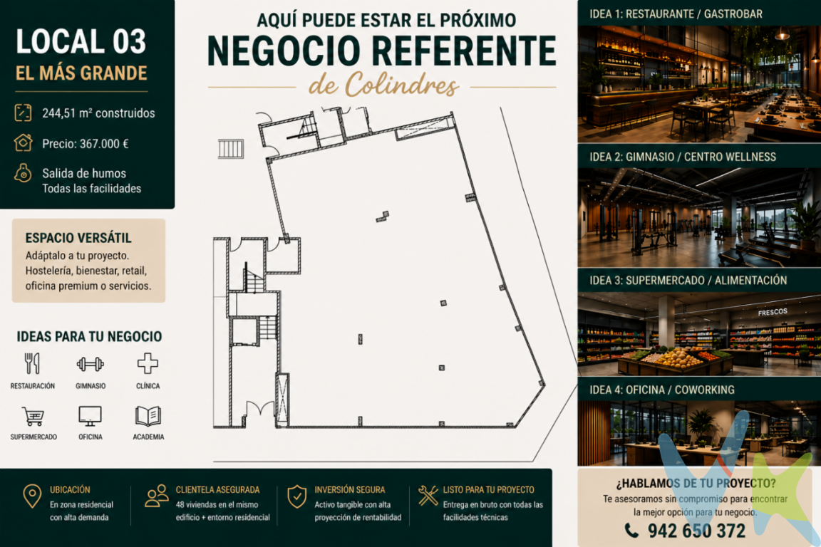 Disponible promoción de locales comerciales a pie de calle en Los Granados VII, una nueva urbanización en una zona residencial consolidada de Colindres, rodeada de viviendas y con gran potencial comercial.? Ubicados en una zona con mucha población residente, varios negocios ya en funcionamiento y un entorno ideal para desarrollar actividad profesional o comercial.Los locales destacan por: ? Fachada y visibilidad a pie de calle ? Fácil acceso y buena comunicación ? Zona con facilidad de aparcamiento ? Entorno soleado y agradable ? Ideal para comercio, oficinas, clínica, academia, estética, hostelería o despachos profesionalesUna excelente oportunidad para establecer tu negocio en una zona moderna, en crecimiento y con movimiento diario de vecinos y clientes potenciales.Cada vez hay menos locales bien ubicados y con buenas condiciones en Colindres. Si estás pensando en emprender o ampliar tu actividad, este puede ser el espacio que estabas buscando.